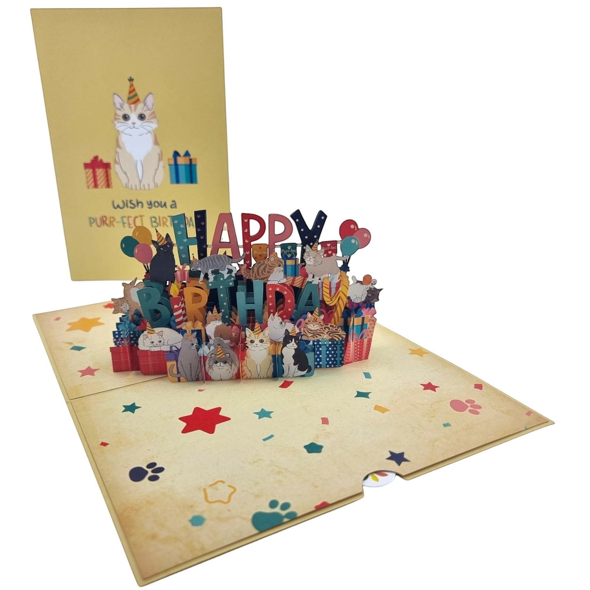 Color Pop Cards Happy Birthday pop-up card with playful cats, balloons, and presents. Includes white envelope.