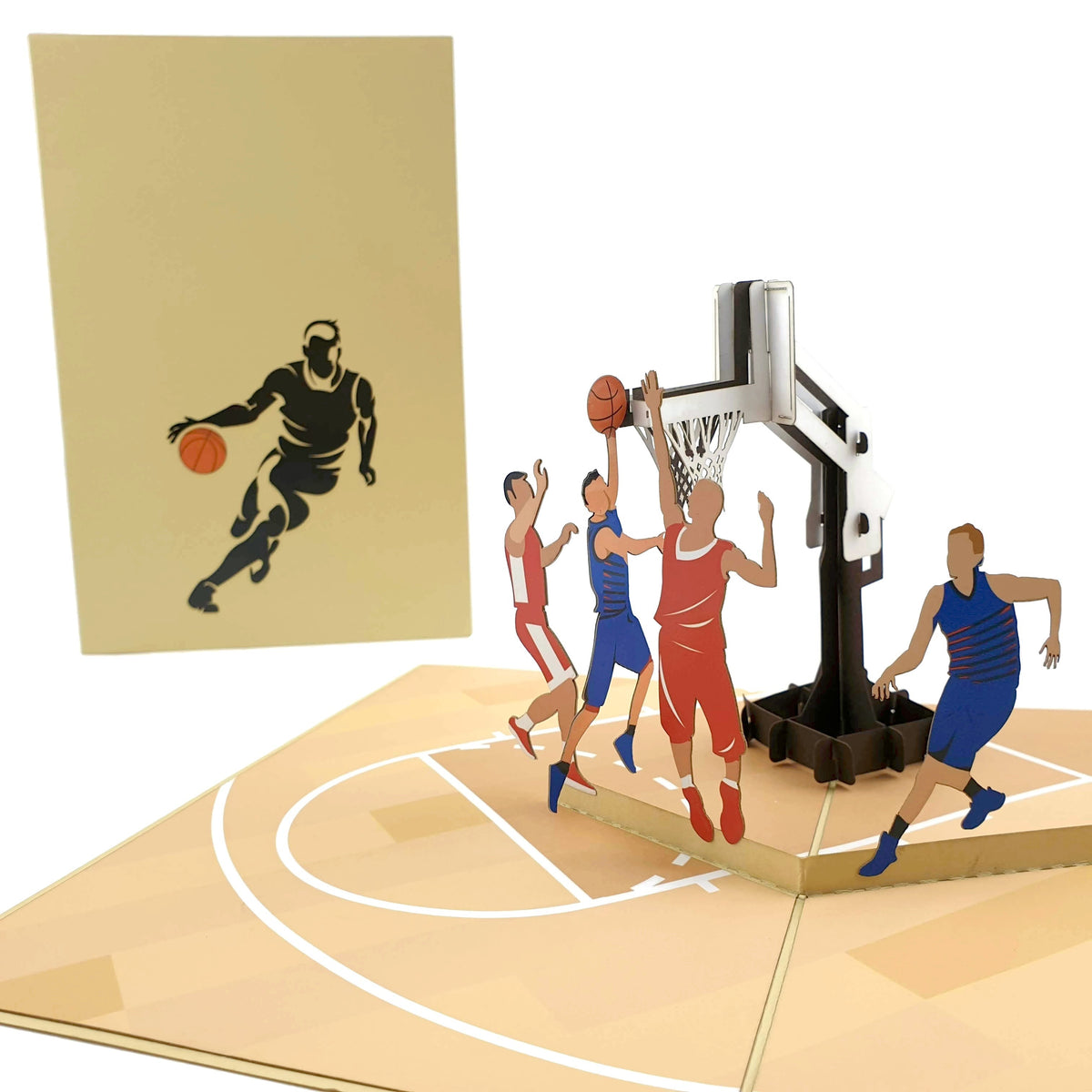 Color Pop Cards basketball pop-up card with 3D players and hoop on court. Card front shows player dribbling.