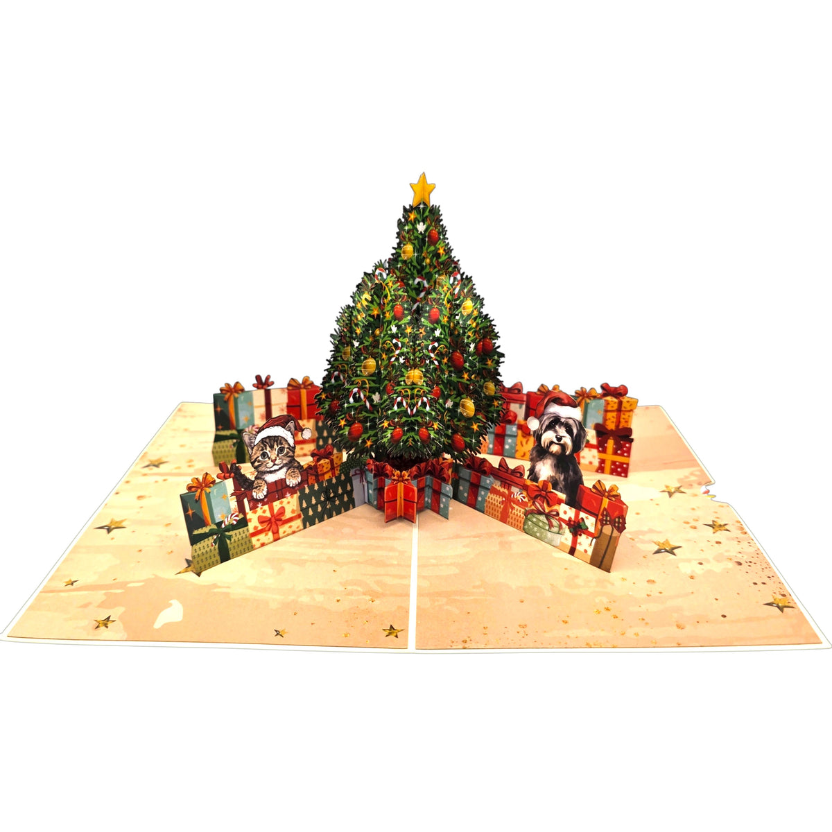 A 3D pop-up Christmas greeting card featuring a decorated Christmas tree in the center, surrounded by pop-up gift boxes and two cartoon cats wearing Santa hats on either side, set against a plain white background.
