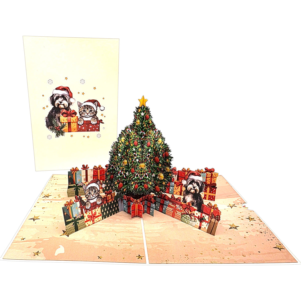 A 3D pop-up Christmas greeting card featuring a decorated Christmas tree, wrapped presents, and two small dogs wearing Santa hats, shown with the front artwork panel on a white background.