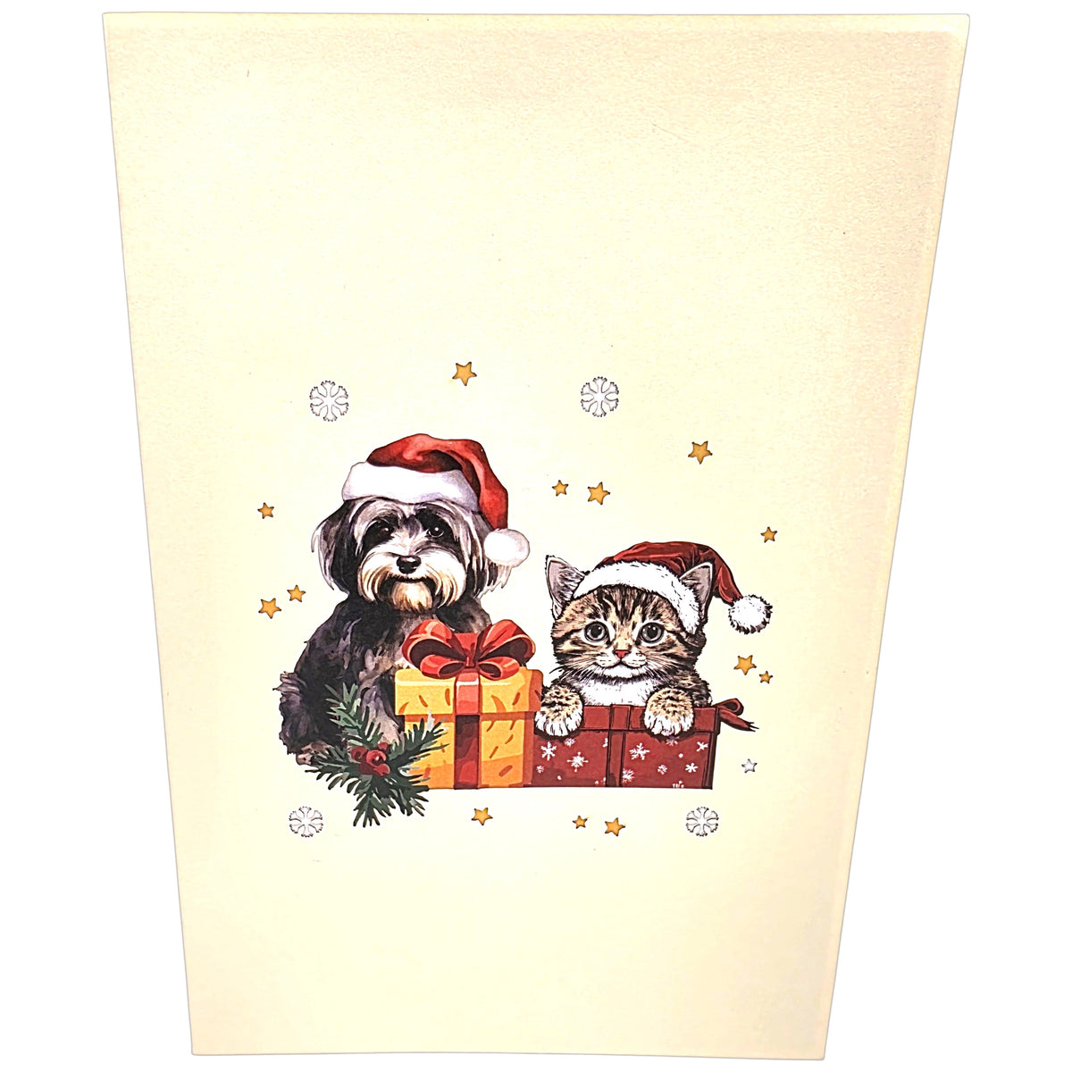 A cream-colored Christmas greeting card featuring an illustration of a black dog and a tabby kitten wearing Santa hats and sitting by wrapped Christmas presents.
