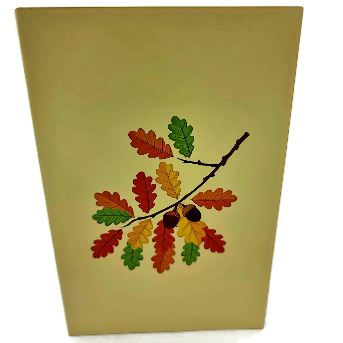 Color Pop Cards Autumn Oak Tree Pop Up Card with colorful leaves and acorns on a light yellow background.