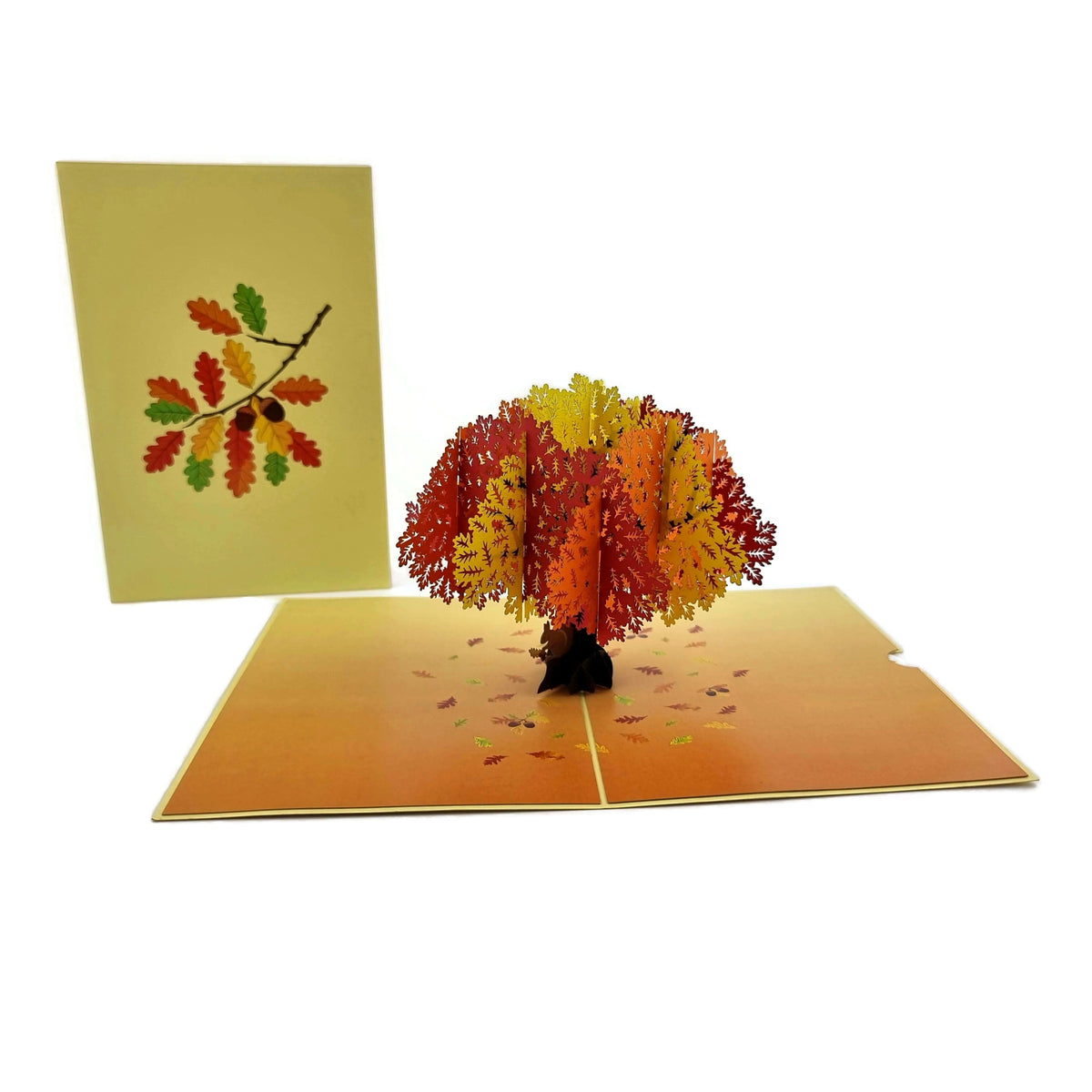 Color Pop Cards Autumn Oak Tree pop-up card with red, orange, and yellow leaves. Includes envelope.