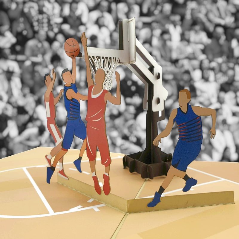 Color Pop Cards basketball pop-up card with 3D hoop and players in action. Features red and blue uniforms.
