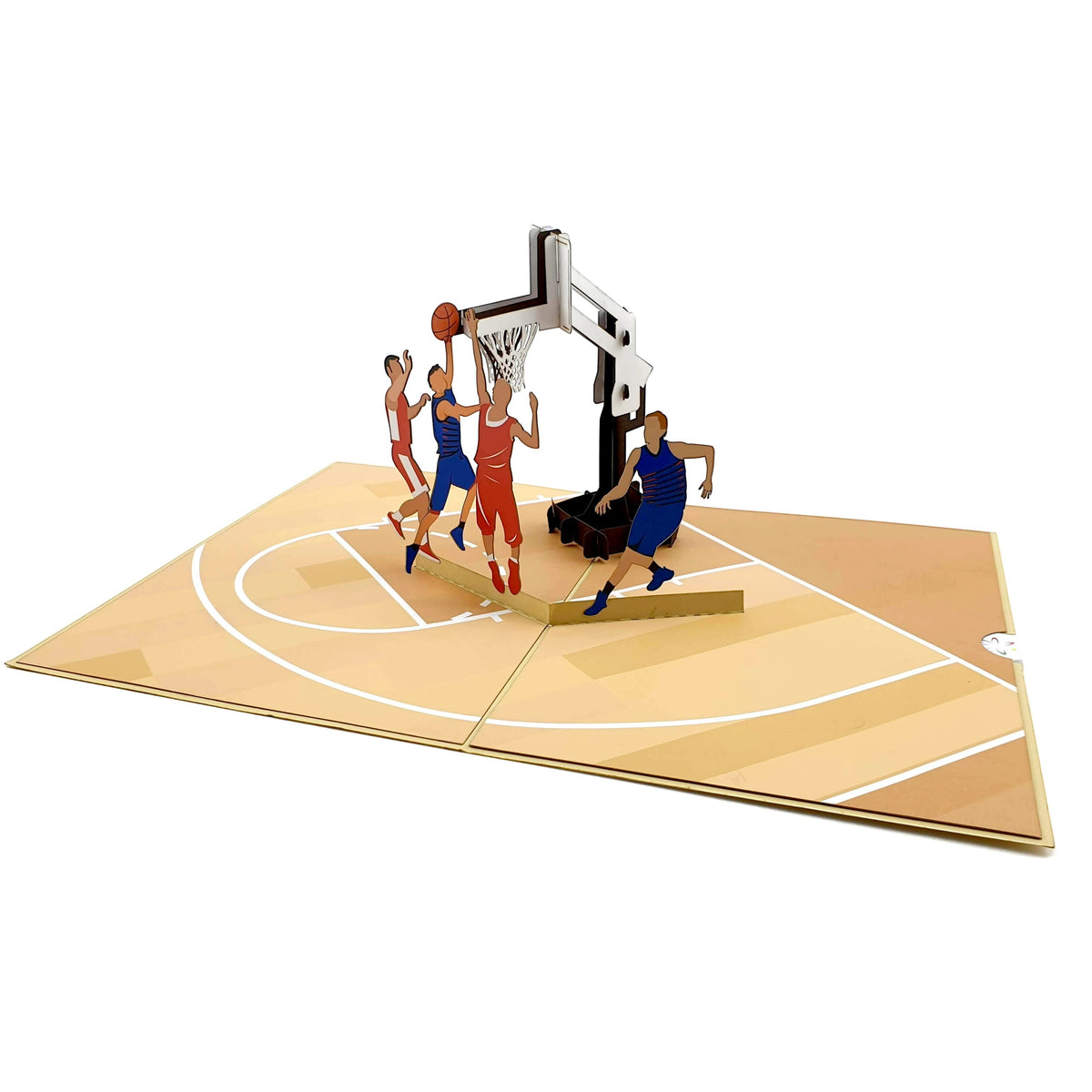 Color Pop Cards Basketball Team pop-up card featuring a 3D basketball court, hoop, and players in action.