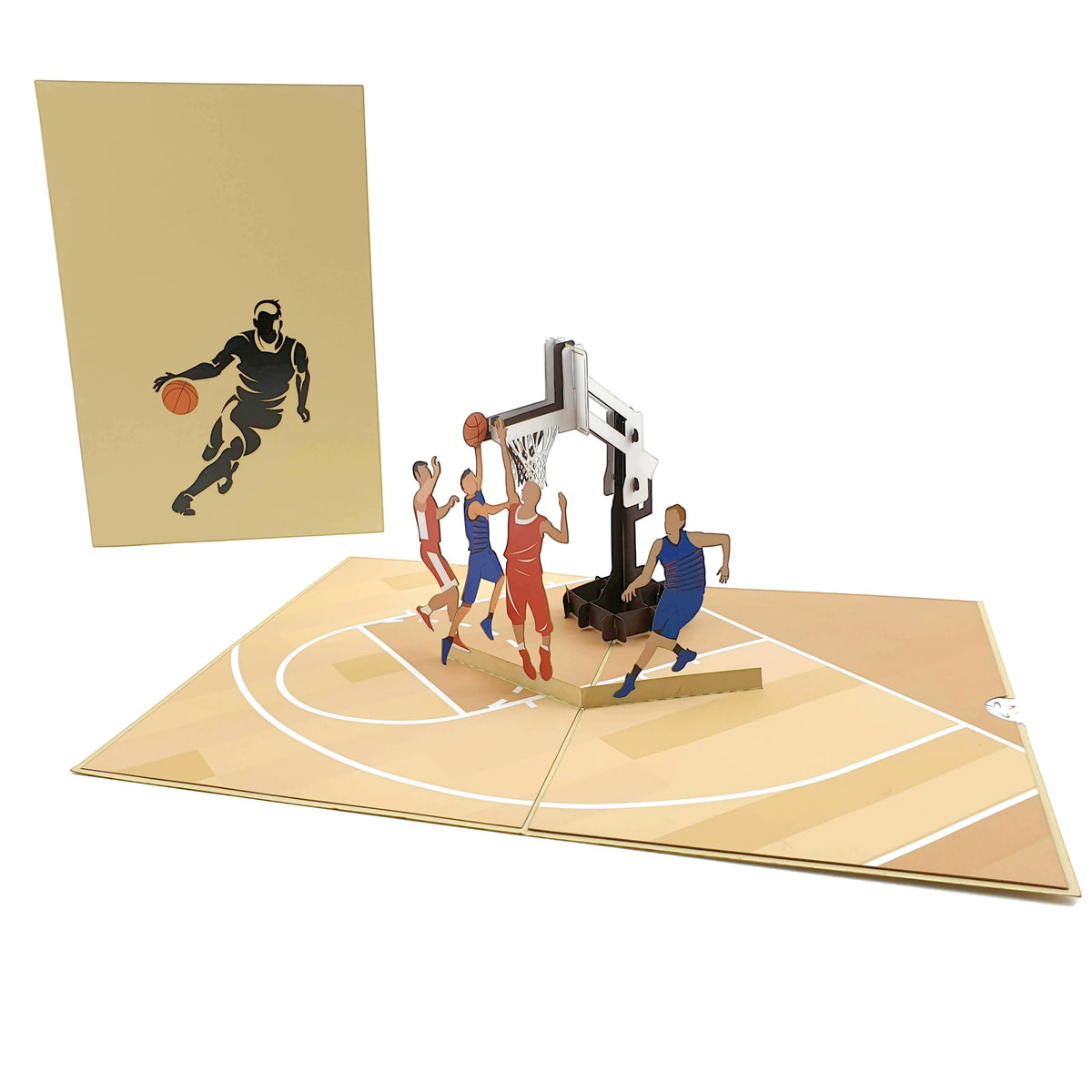 Color Pop Cards Basketball Team Pop-Up Card with 3D hoop and players in action. Card is 12x18cm.