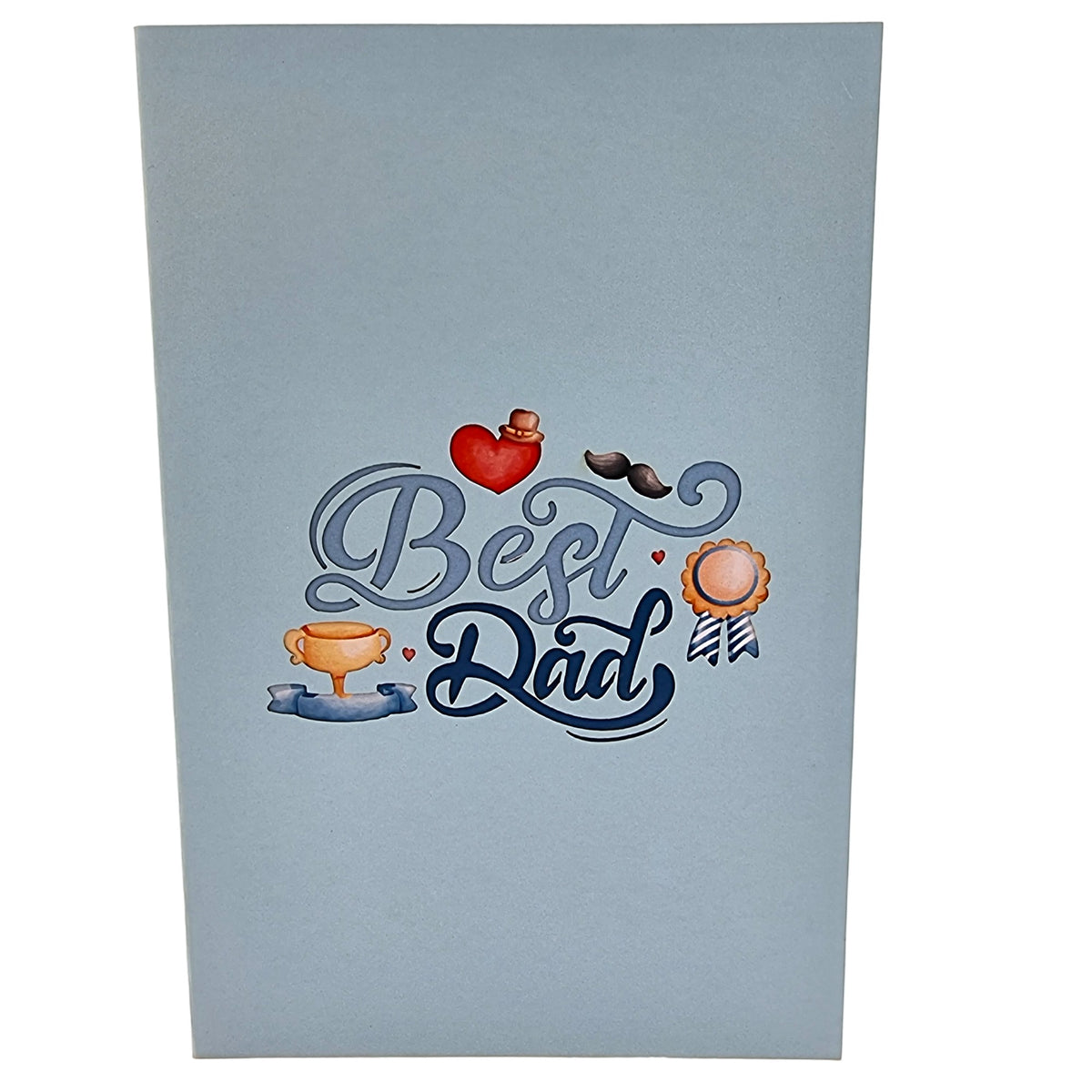Color Pop Cards light blue pop-up card with "Best Dad" text and illustrations of a trophy, heart, mustache, and medal.