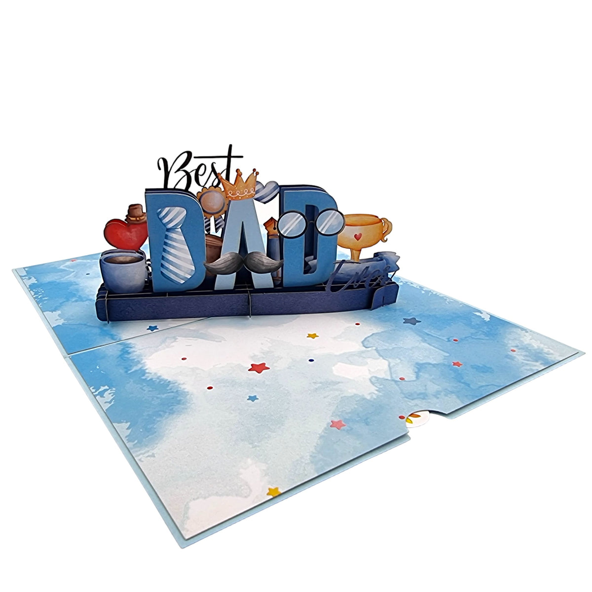 Color Pop Cards Best Dad pop-up card with 3D blue letters, crown, mustache, tie, and cup. Blue watercolor background with stars.