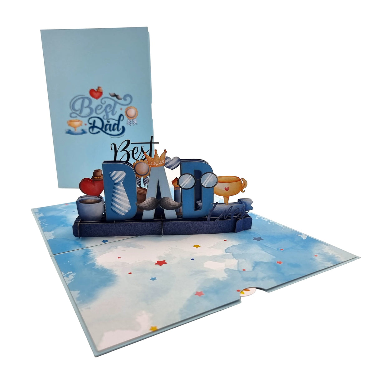 Color Pop Cards blue pop-up card with "Best Dad Ever" 3D text, mustache, crown, glasses, tie, and trophy.