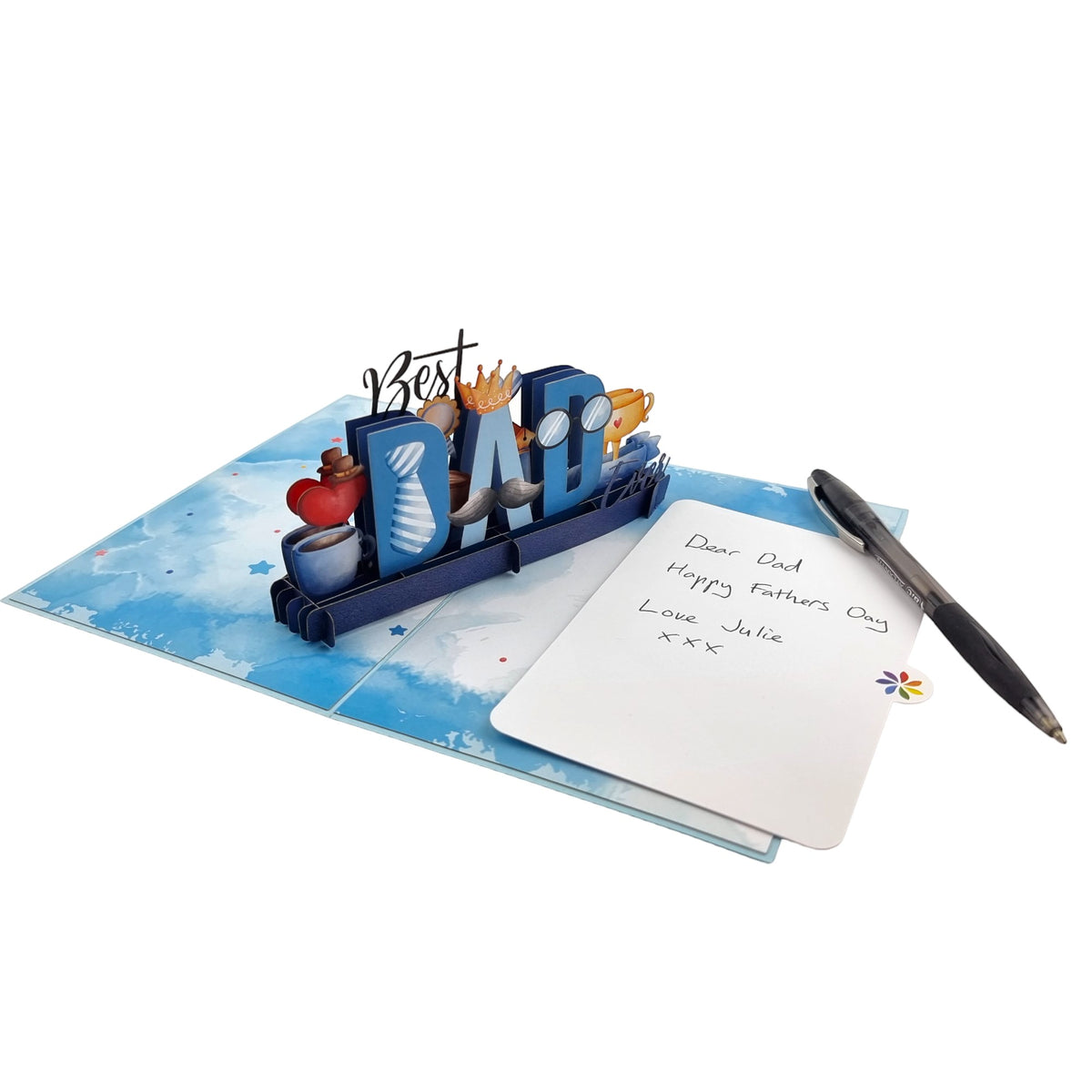 Color Pop Cards blue 3D pop-up card with "Best Dad Ever" text and illustrations for Father's Day.