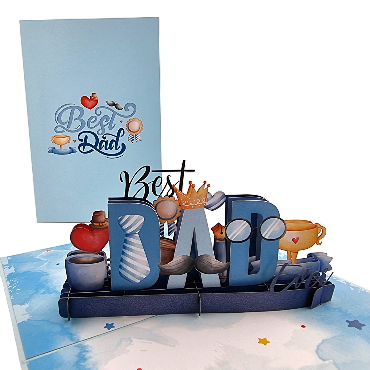 Color Pop Cards blue 3D pop-up card for Dad, featuring "Best Dad Ever" text, tie, mustache, crown, and trophy.