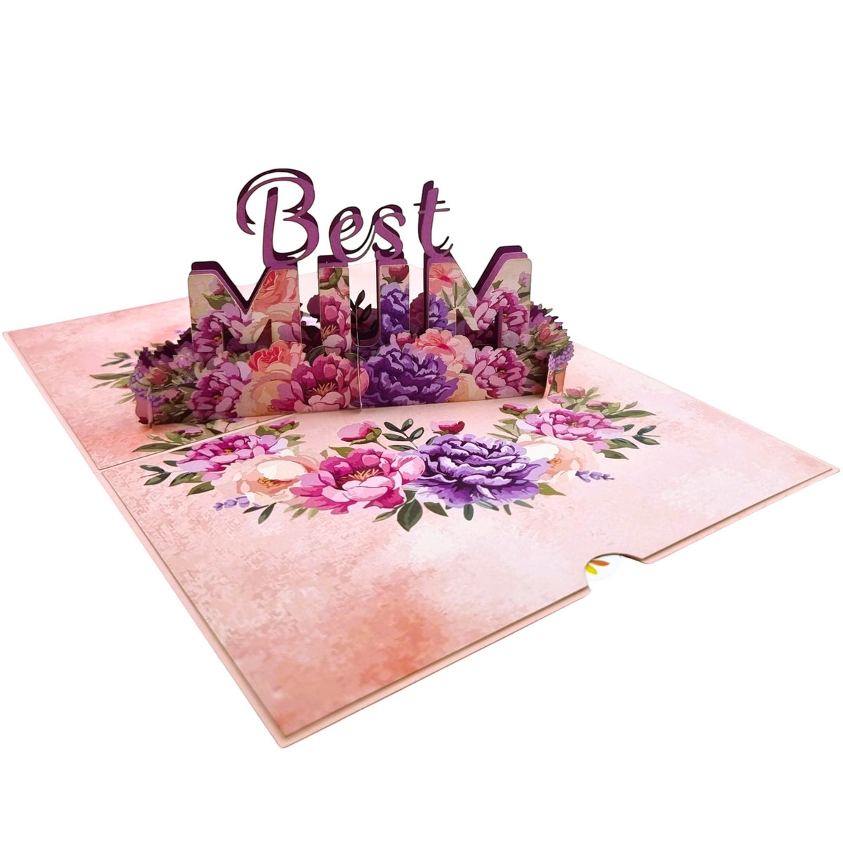 Color Pop Cards Best Mum floral pop up card with 3D flowers and text. Pink and purple.