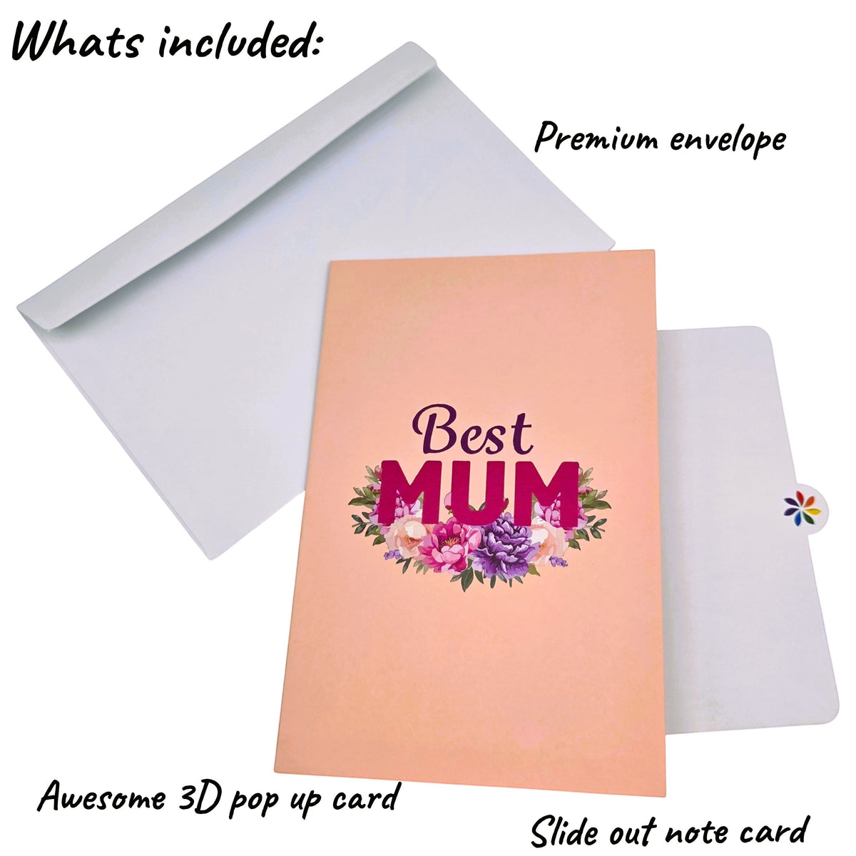 Color Pop Cards Best Mum floral pop up card with envelope and note card. Features 3D text and flowers.