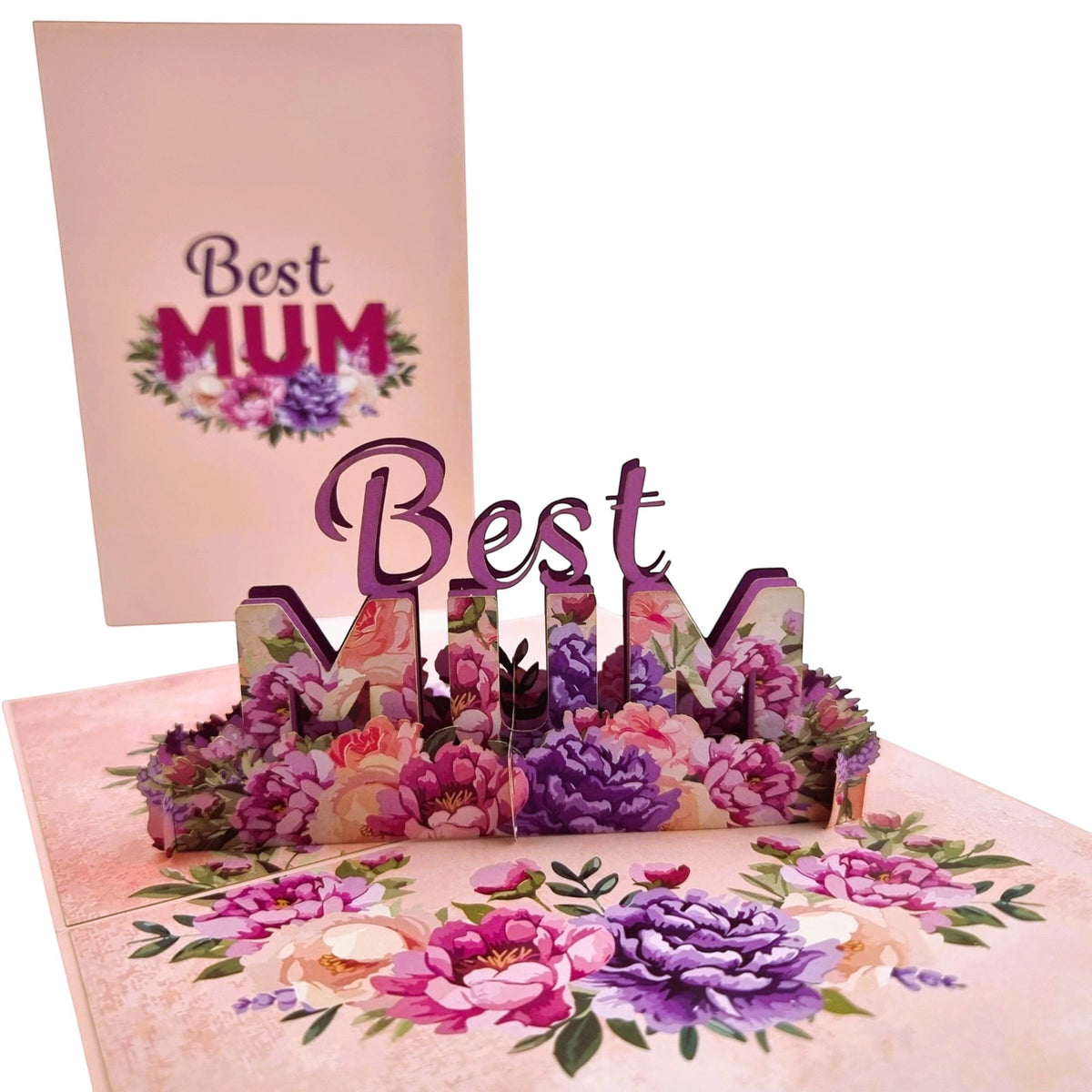 Color Pop Cards Best Mum floral pop up card with 3D flowers and lettering. Pink and purple hues.