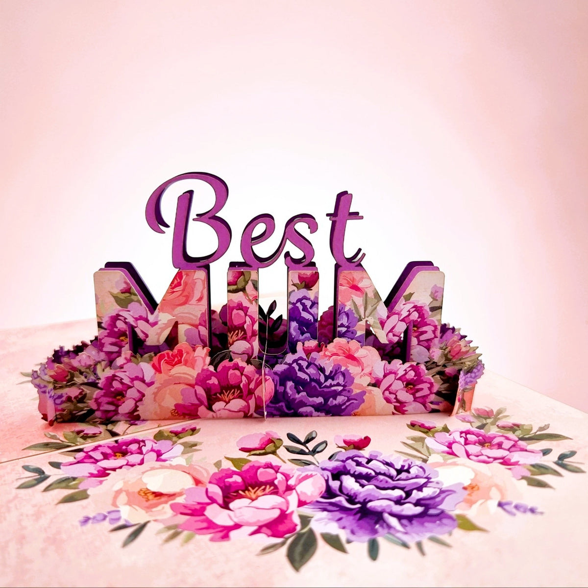 Color Pop Cards Best Mum floral pop up card with 3D flowers and purple lettering. Perfect for Mother's Day.