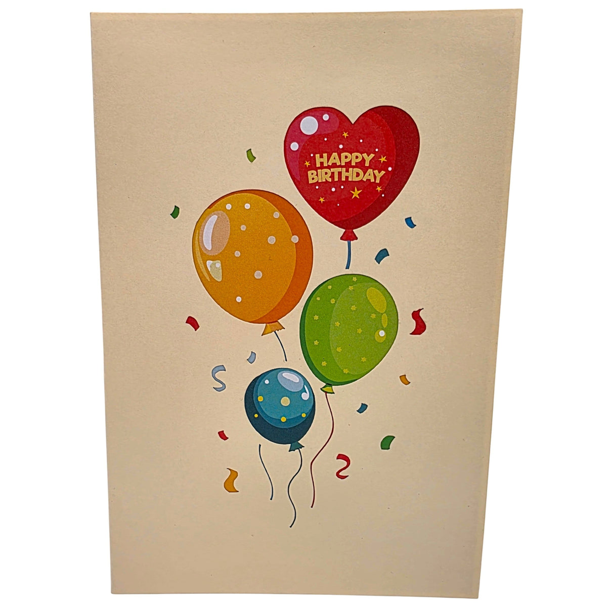 Color Pop Cards pop-up birthday card featuring colorful balloons and a red heart balloon with "Happy Birthday" text.