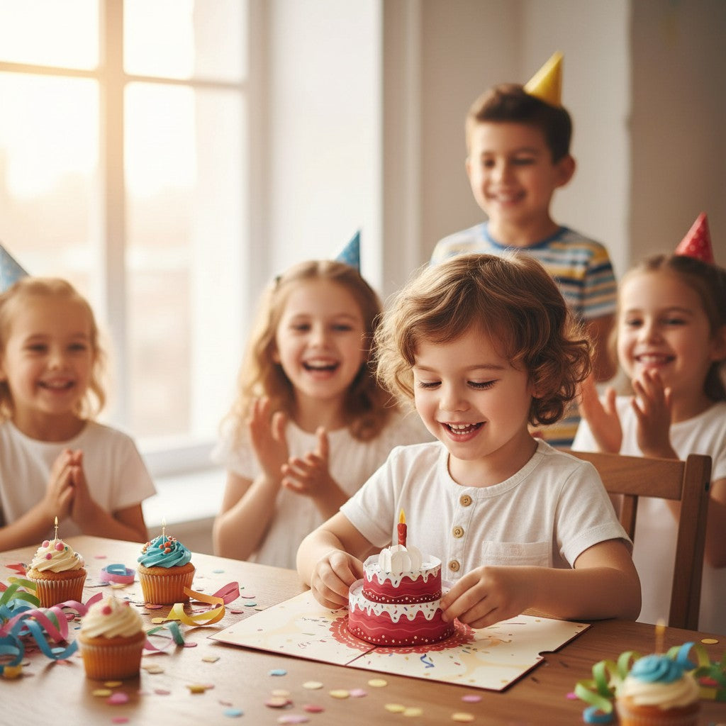 Color Pop Cards red pop-up birthday cake card with candle, surrounded by cupcakes and confetti.