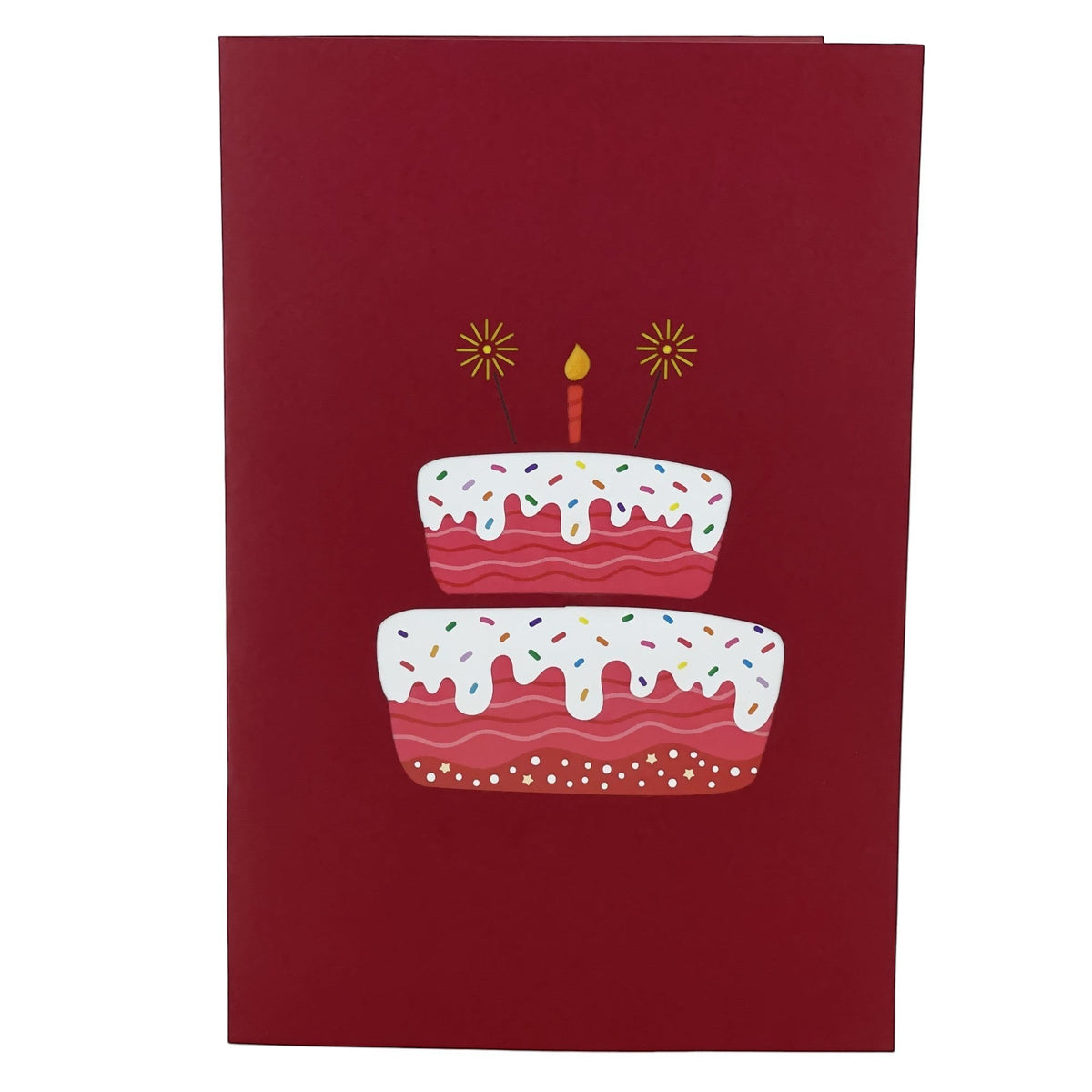 Color Pop Cards red pop-up birthday cake card with candle and sprinkles. Card opens to reveal a 3D cake.