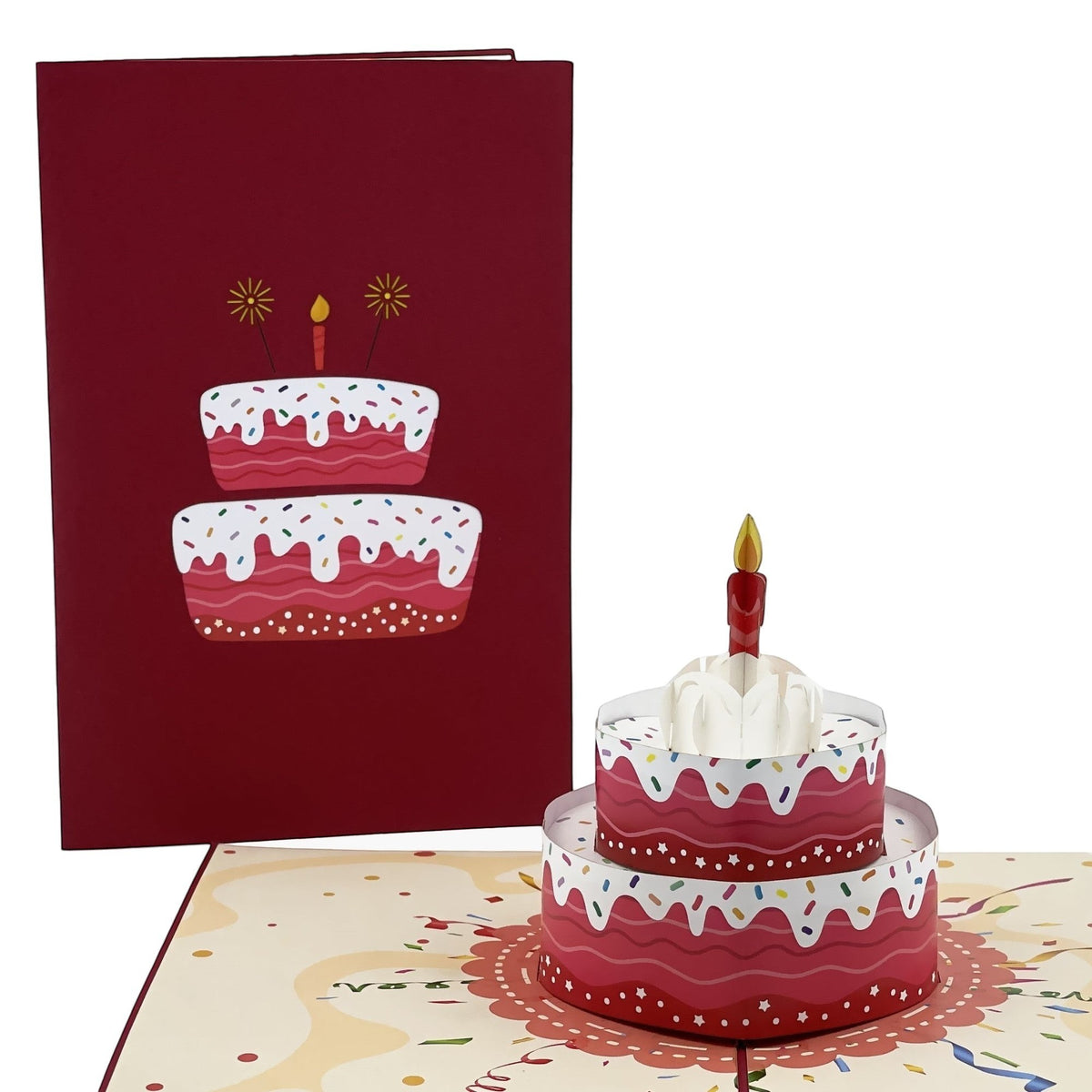 Color Pop Cards red pop-up birthday cake card with candle and sprinkles, 12x18cm