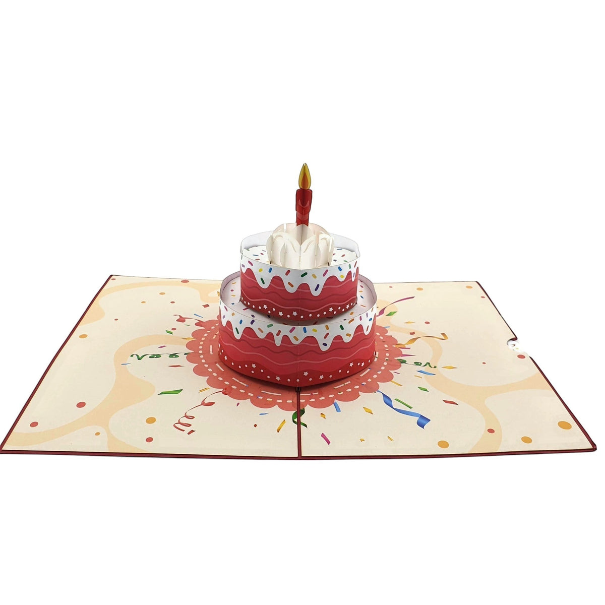 Color Pop Cards red two-tier pop-up birthday cake card with candle and sprinkles. Card opens to reveal cake.