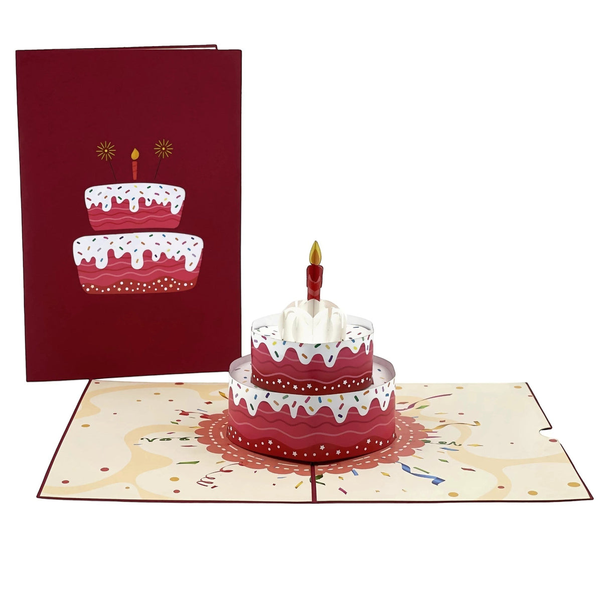 Color Pop Cards red pop-up birthday cake card with candle and sprinkles, open and closed views.