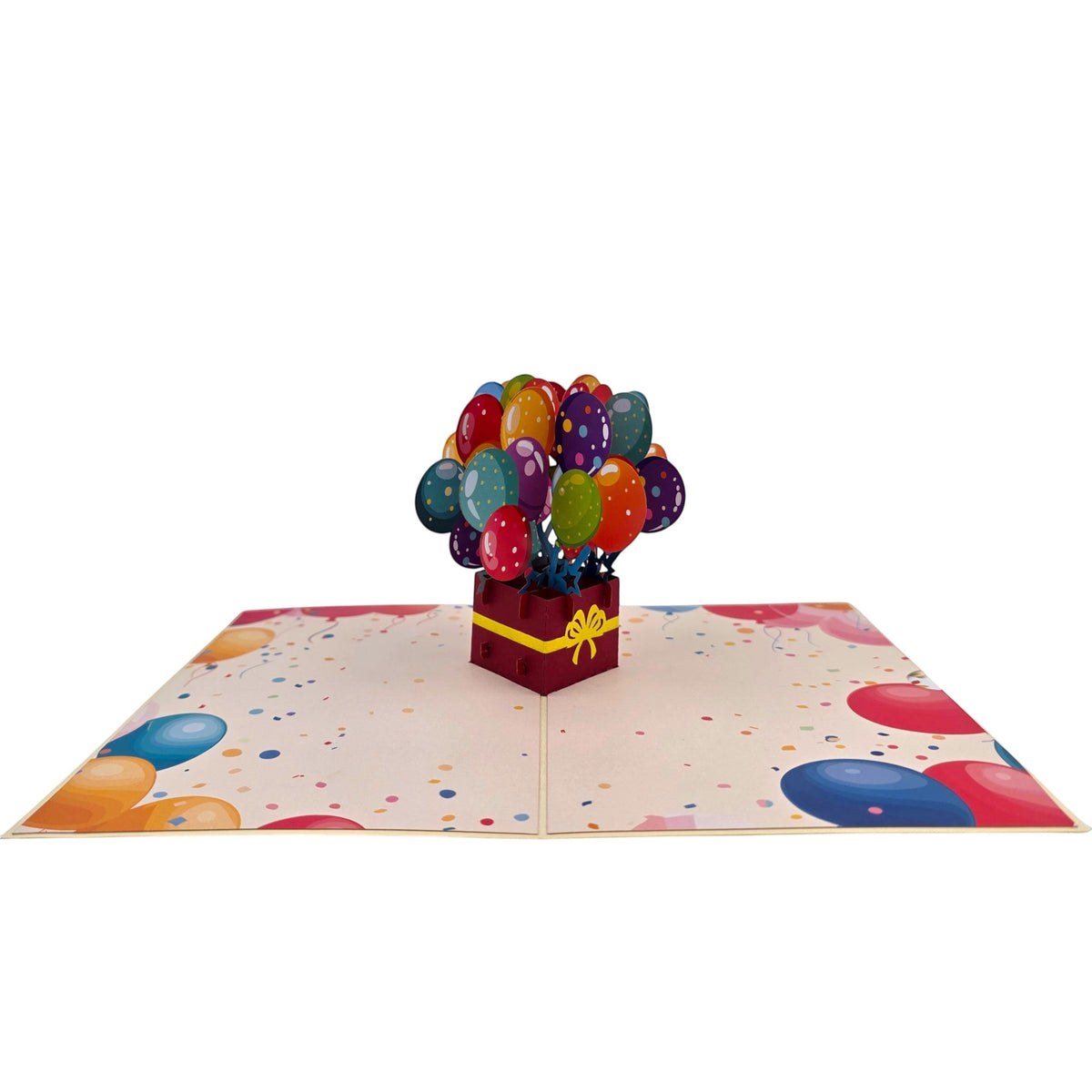 Color Pop Cards pop-up birthday card featuring a red gift box with a bouquet of colorful balloons and confetti design.