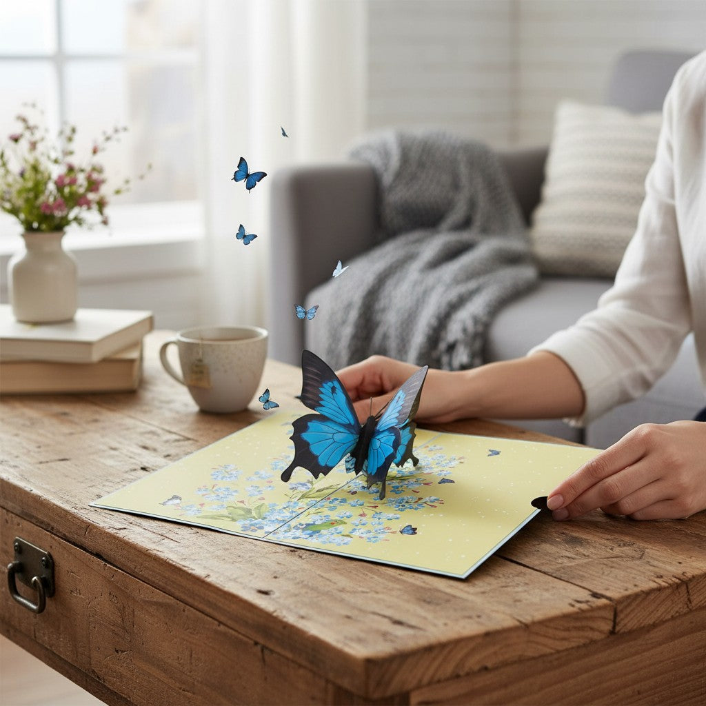 Color Pop Cards Blue Butterfly Pop Up Card with delicate blue flowers and butterflies. A 3D butterfly pops up.