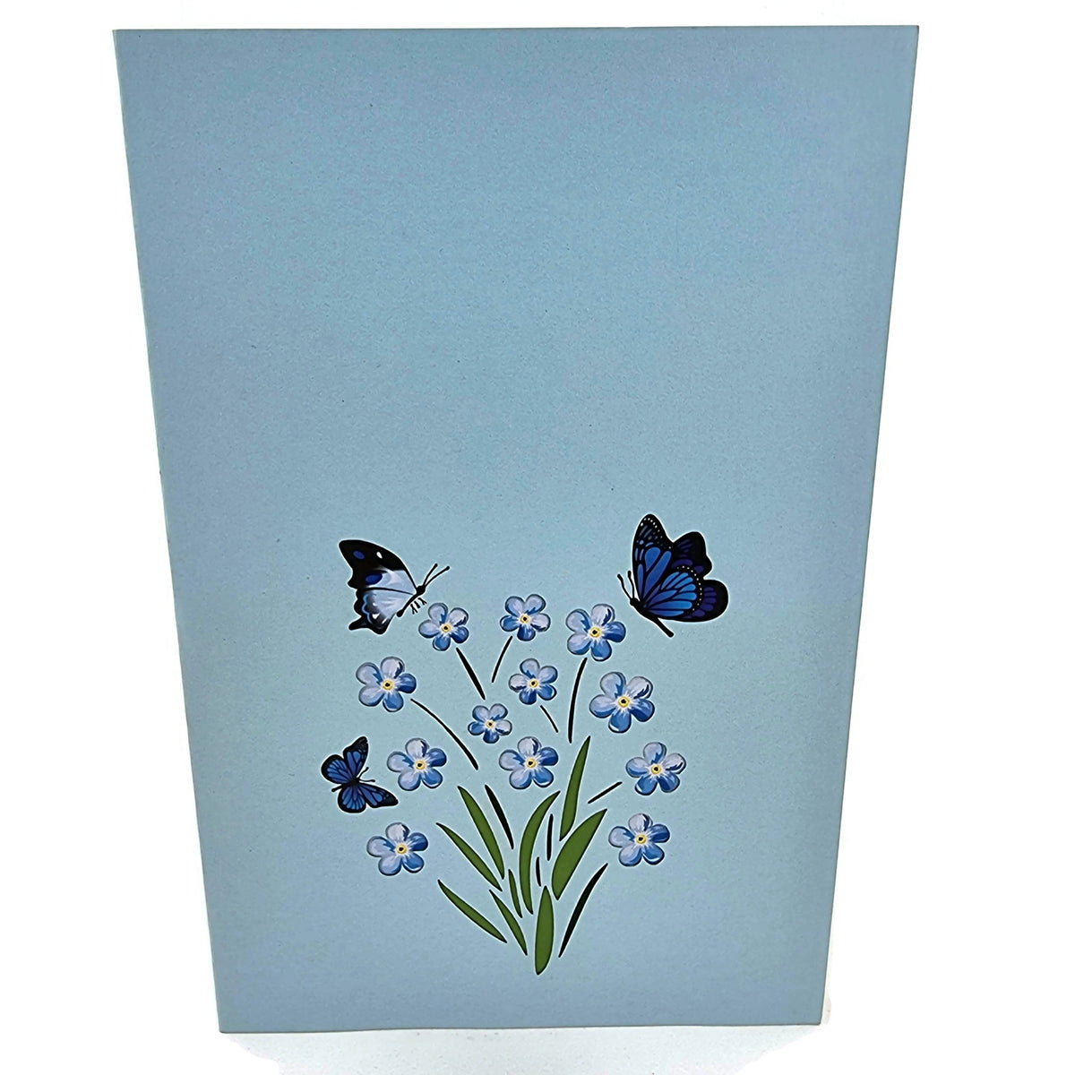 Color Pop Cards blue butterfly pop up card with floral design. Features blue butterflies and light blue flowers.