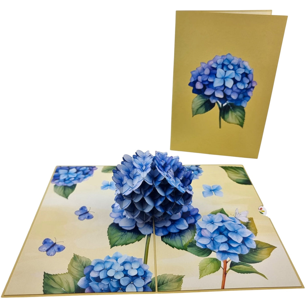 Color Pop Cards blue hydrangea pop-up greeting card with butterflies and envelope. 12x18cm.