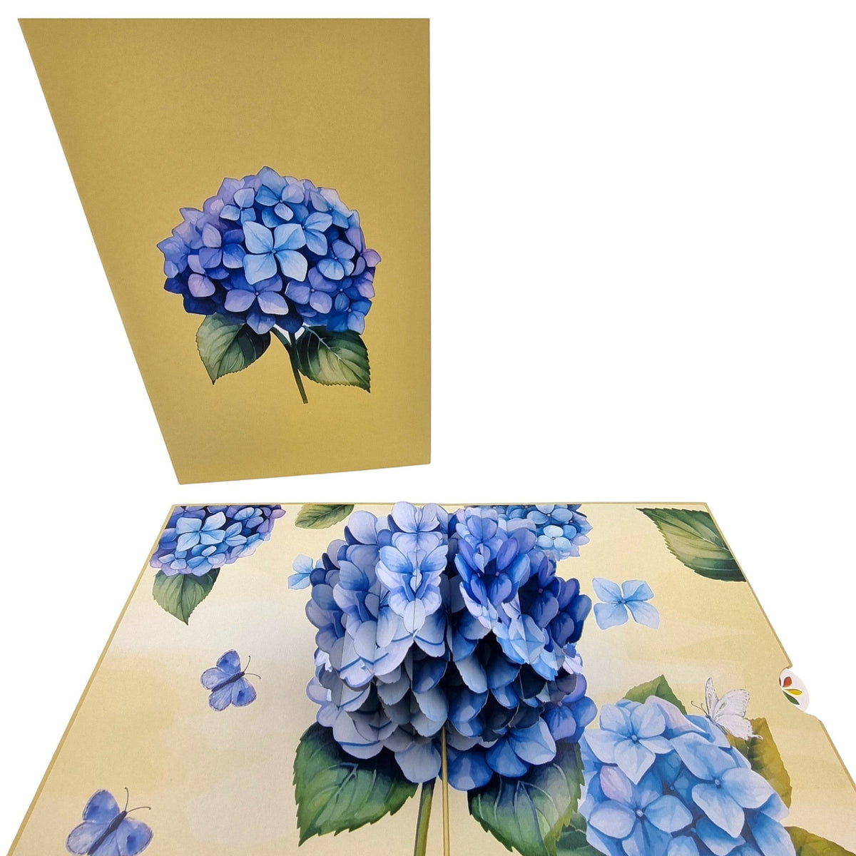 Color Pop Cards blue hydrangea pop-up greeting card with butterflies and envelope. 12x18 cm.