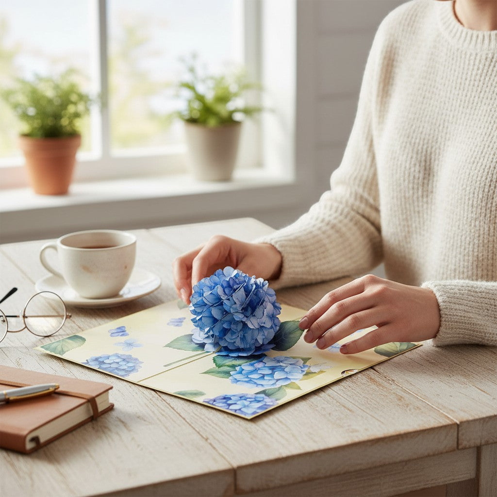 Color Pop Cards blue hydrangea pop-up greeting card with envelope and detachable note, 12x18cm.