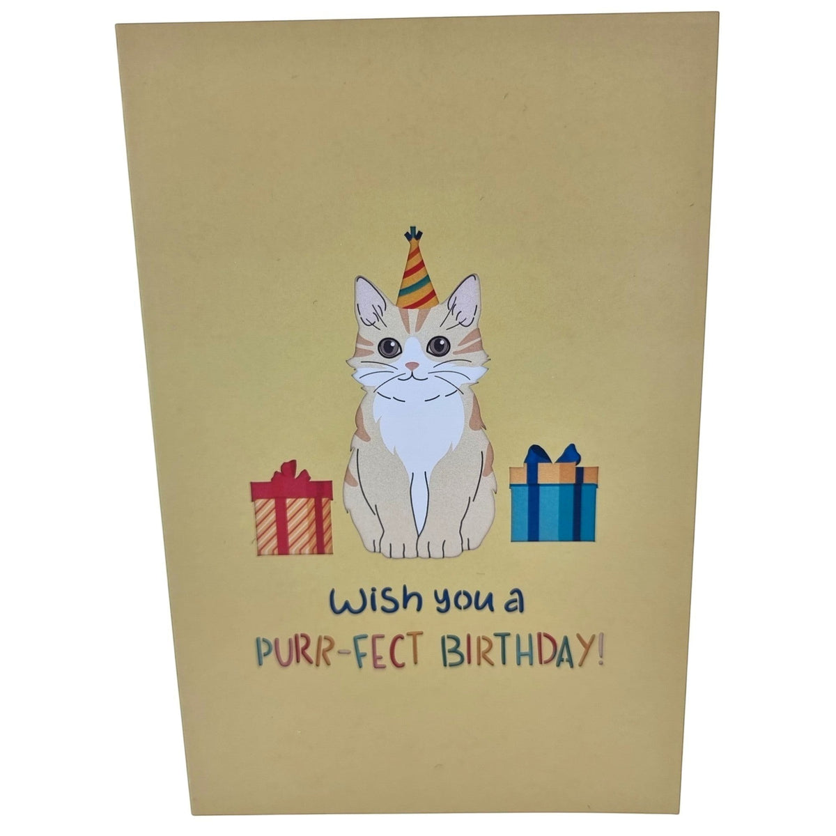 Color Pop Cards yellow birthday pop-up card featuring a cat in a party hat with presents and balloons. Text says "Wish you a PURR-FECT BIRTHDAY!"
