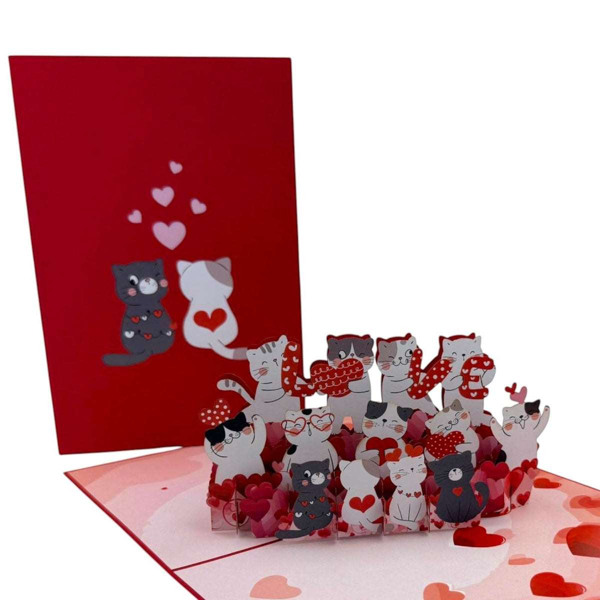 Color Pop Cards red pop-up card featuring a group of cute cats holding hearts and wearing scarves. Includes envelope.