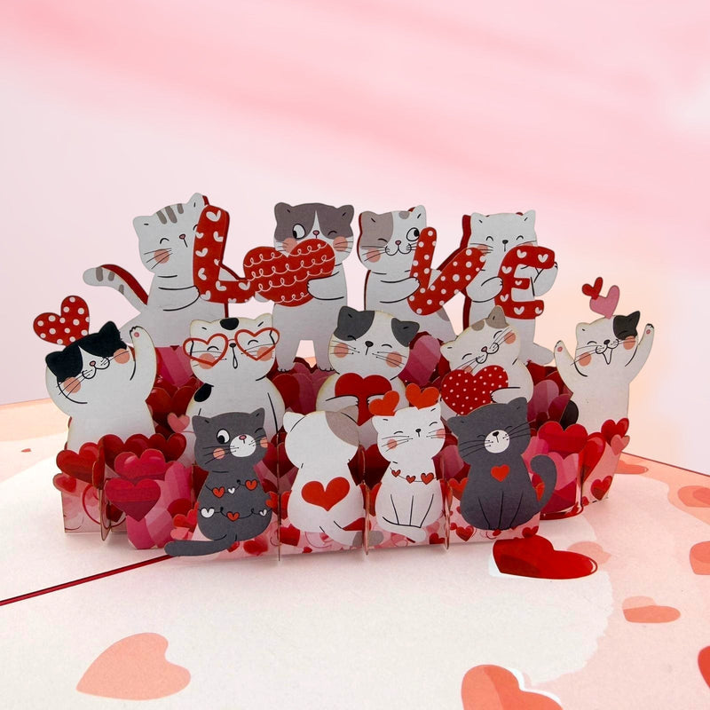 Color Pop Cards pop-up card featuring a group of cute cats holding "LOVE" letters, perfect for cat lovers.