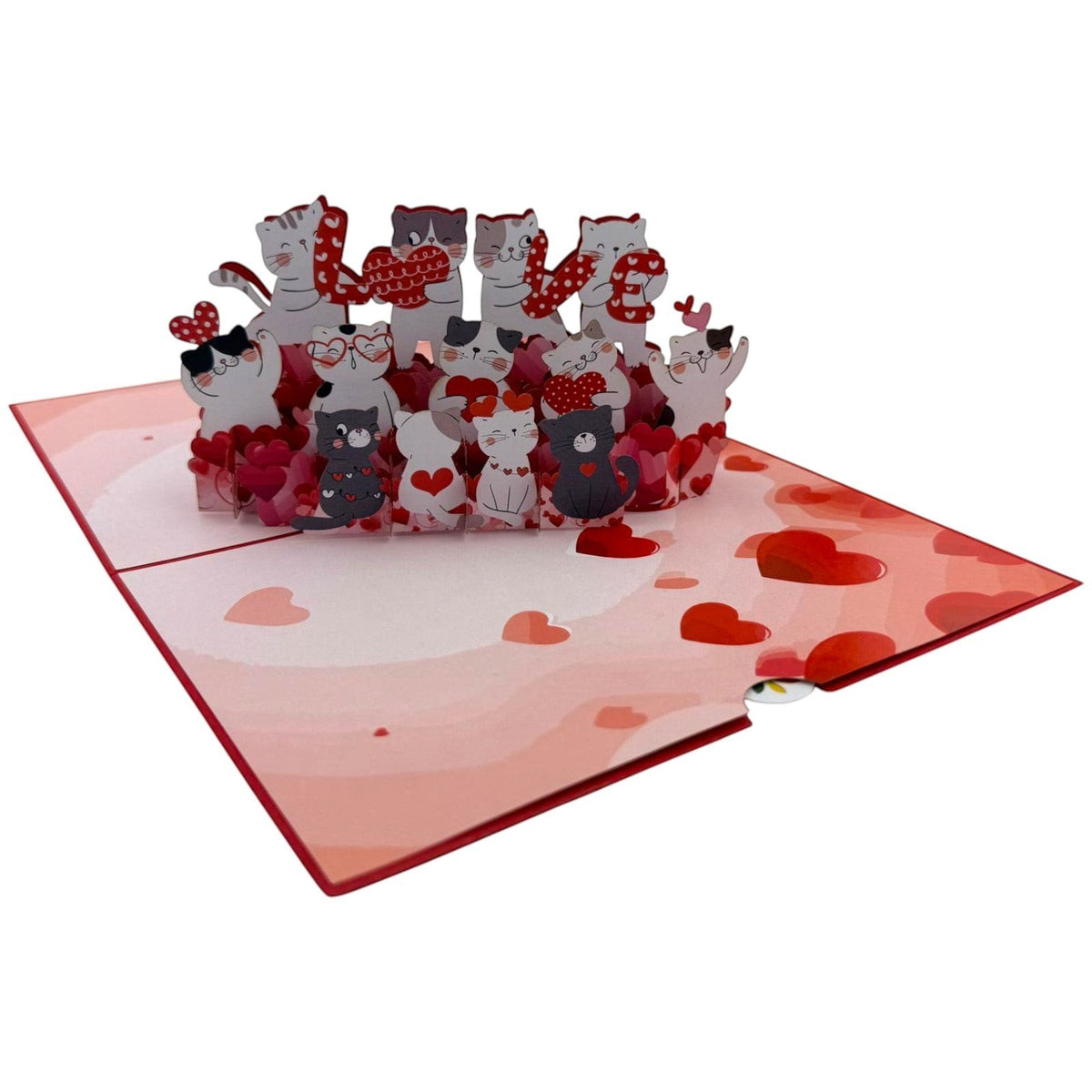 Color Pop Cards pop-up card featuring a group of cute cats holding hearts and forming the word "LOVE".