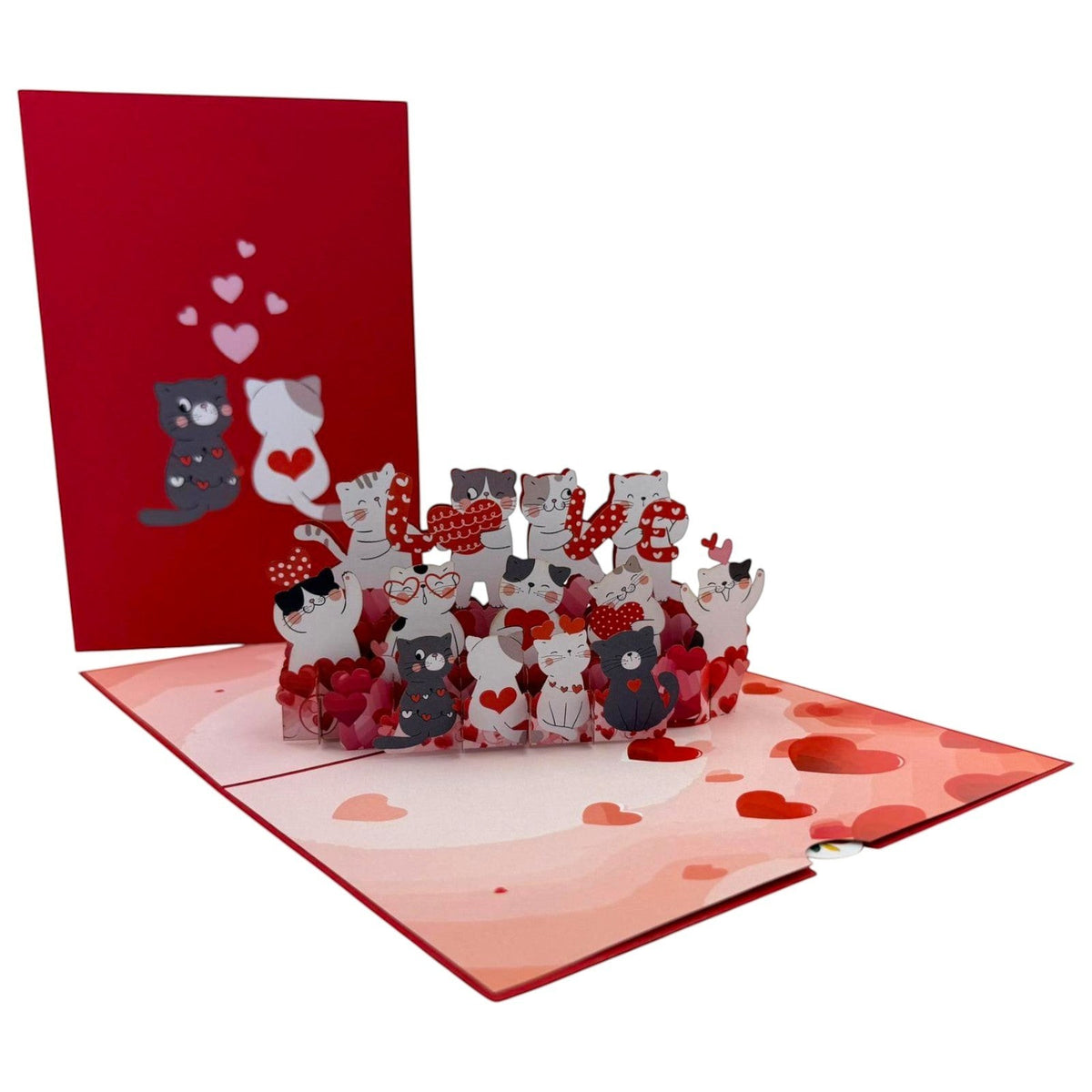 Color Pop Cards red pop-up card featuring a group of cats forming the word LOVE, with hearts. Includes envelope.