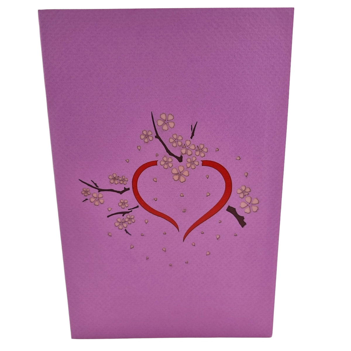 Color Pop Cards purple pop-up card with red heart and cherry blossoms, featuring a same-sex female couple inside.