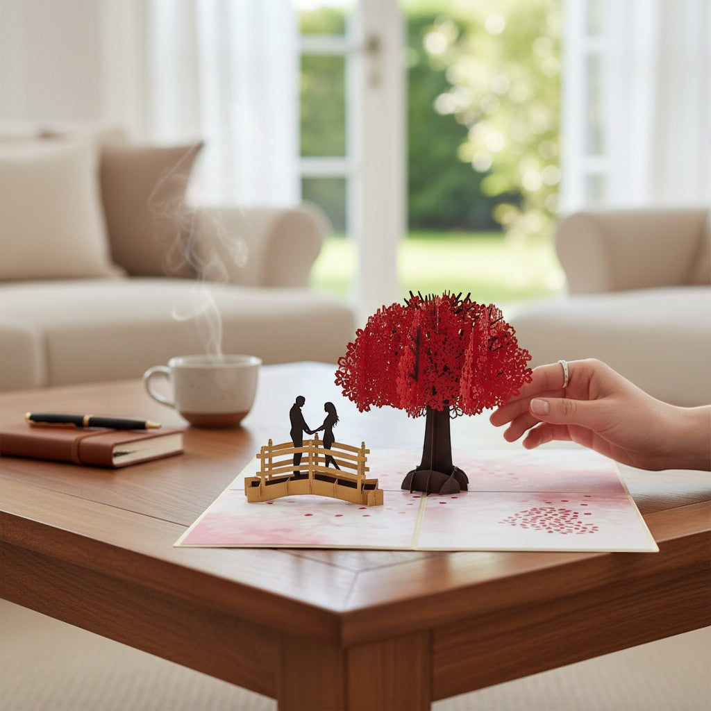 Color Pop Cards Cherry Blossom Love Pop-Up Card with couple on bridge under red tree, perfect for Valentine's Day.