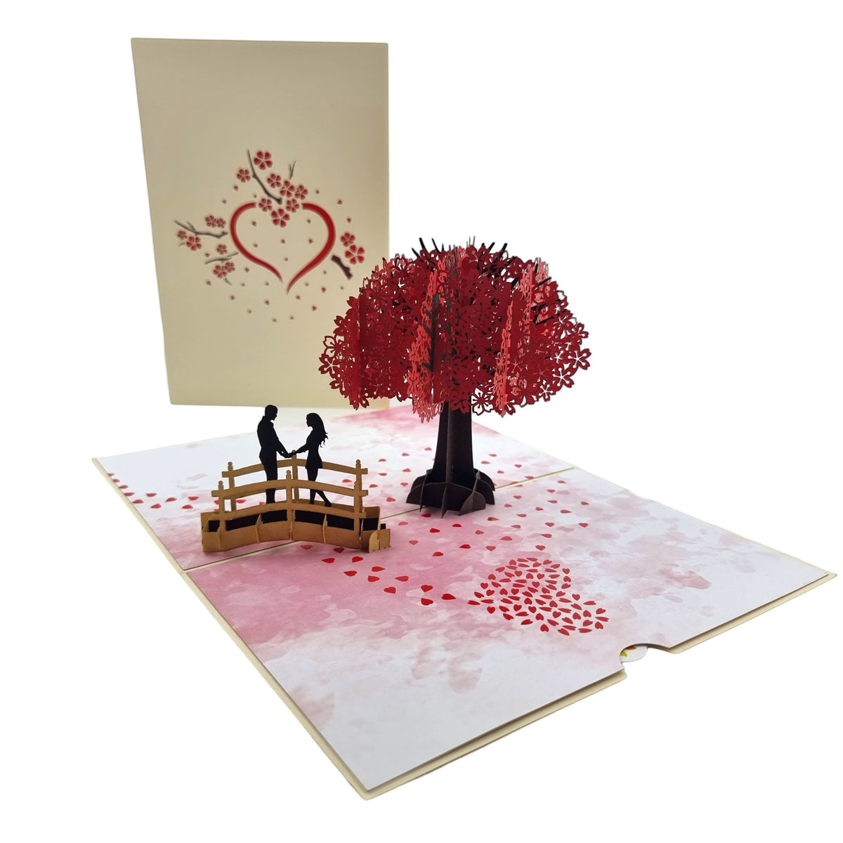 Color Pop Cards Cherry Blossom Love Pop-Up Card with couple on bridge under red tree. Valentine's Day card.