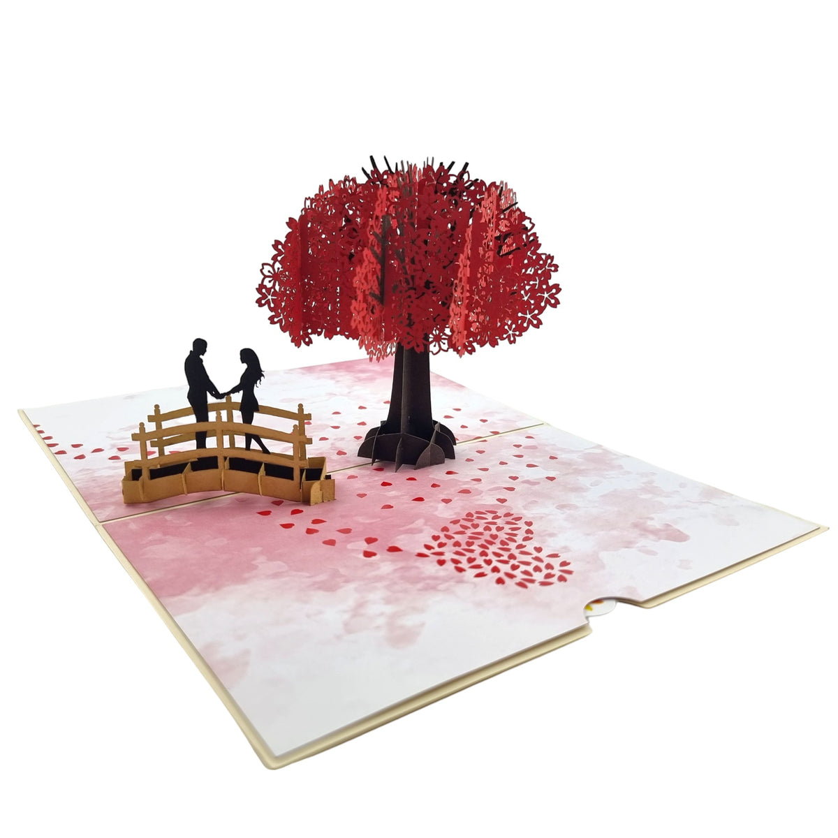 Color Pop Cards Cherry Blossom Love Pop-Up Card with couple on bridge under red tree, pink petals.