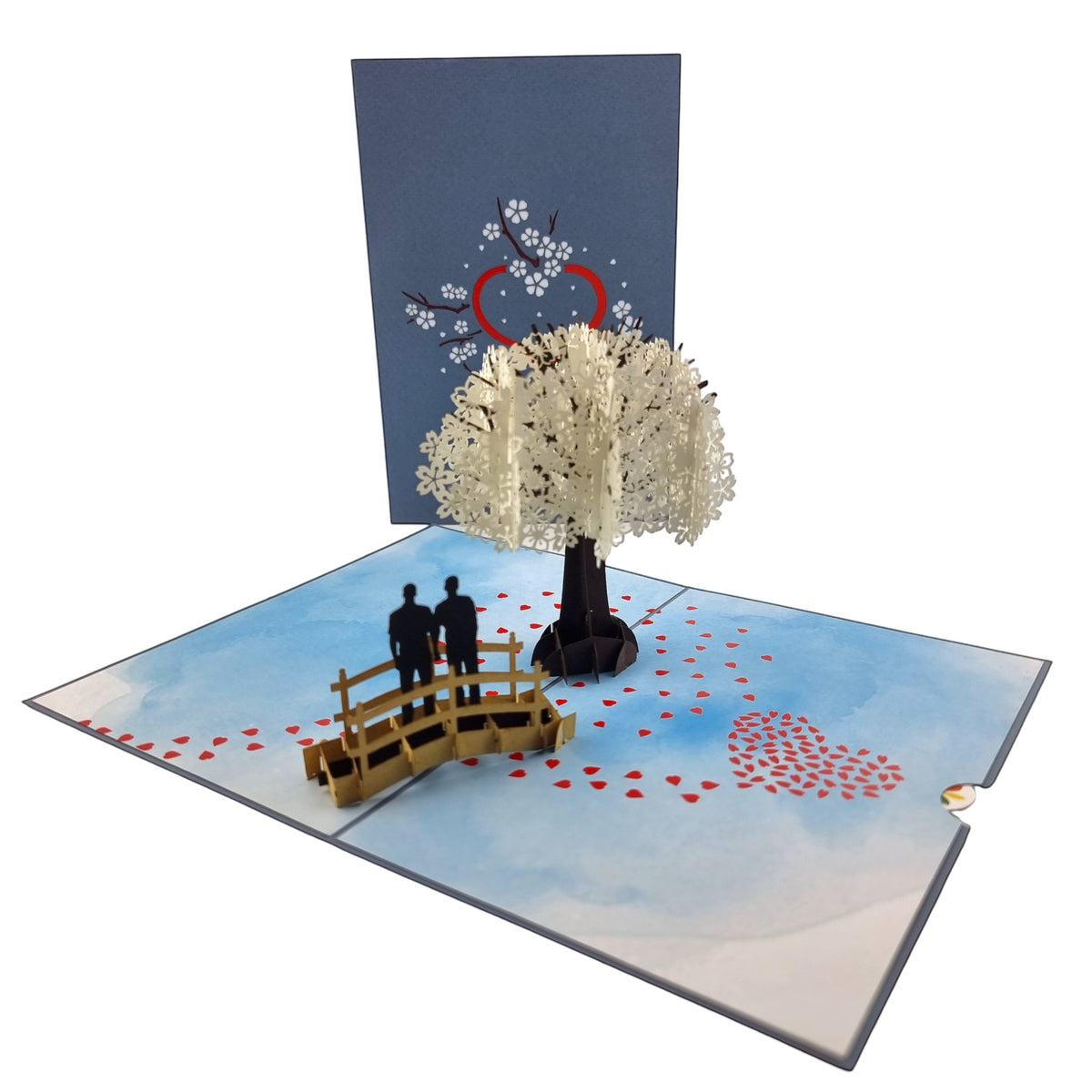 Color Pop Cards Cherry Blossom Love Scene pop-up card with a same-sex male couple on a bridge under a blooming tree.