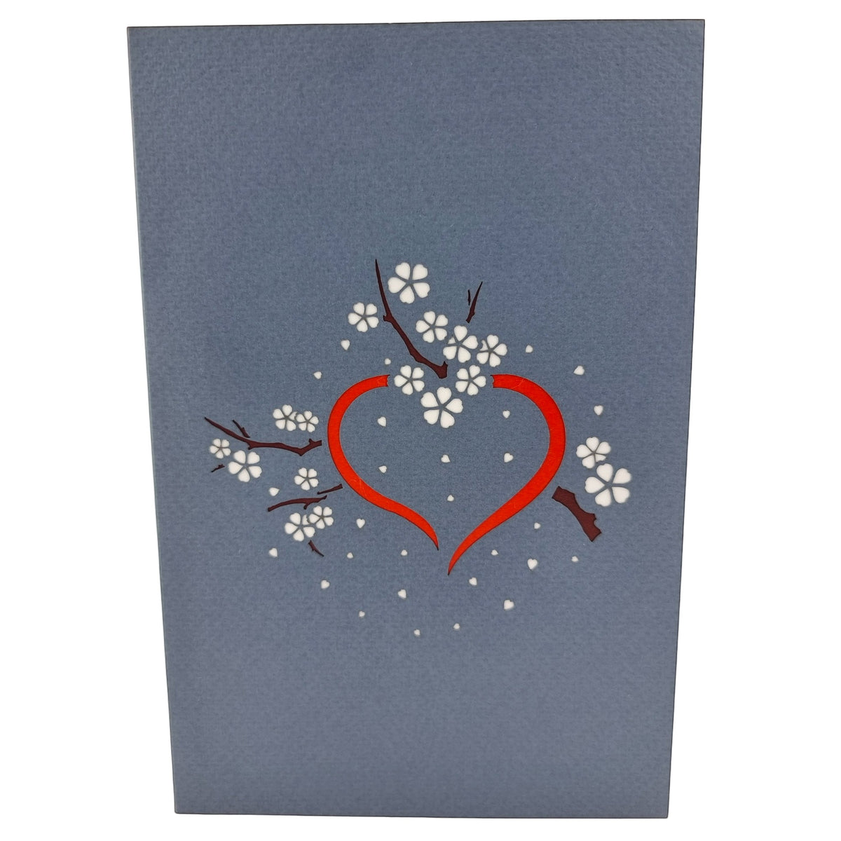 Color Pop Cards grey pop-up card with a red heart and white cherry blossoms on the front. Opens to reveal a romantic scene.