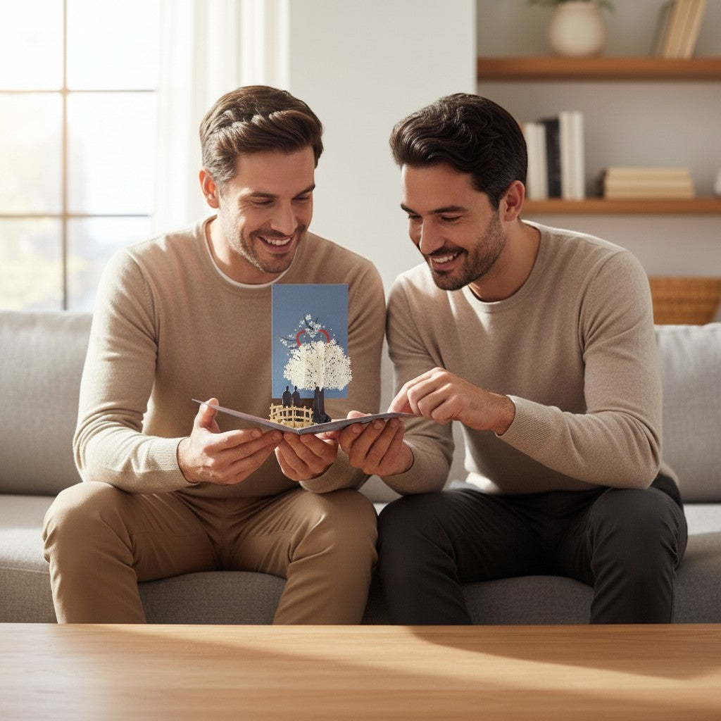 Color Pop Cards Cherry Blossom Love Scene pop-up card with a same-sex male couple on a bridge under a blooming tree.