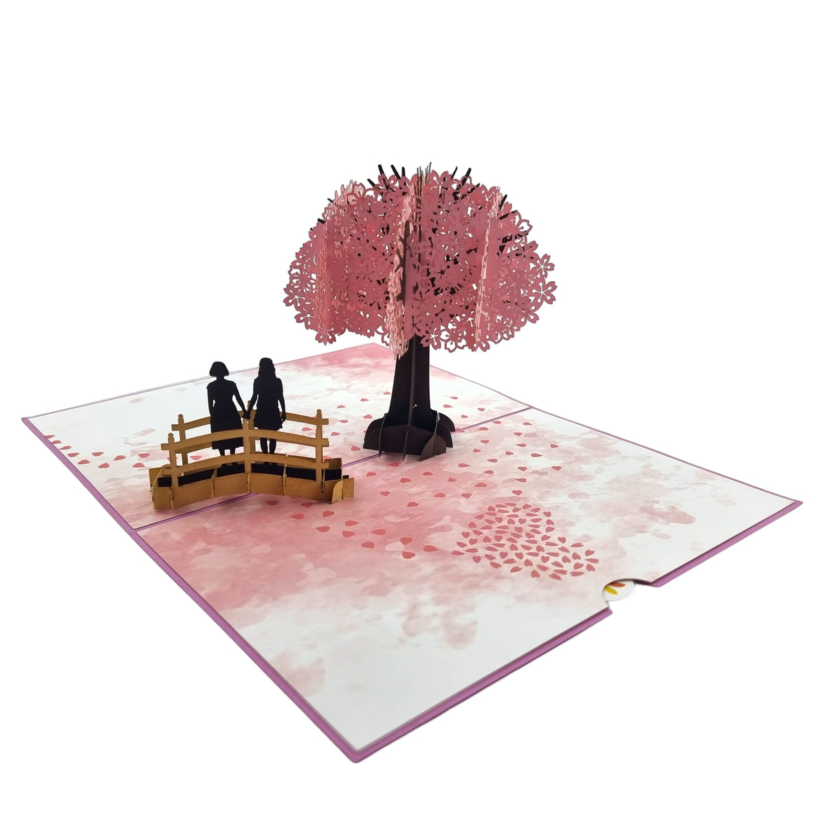 Color Pop Cards Cherry Blossom Love Scene Same Sex Female Pop-Up Card with couple on bridge