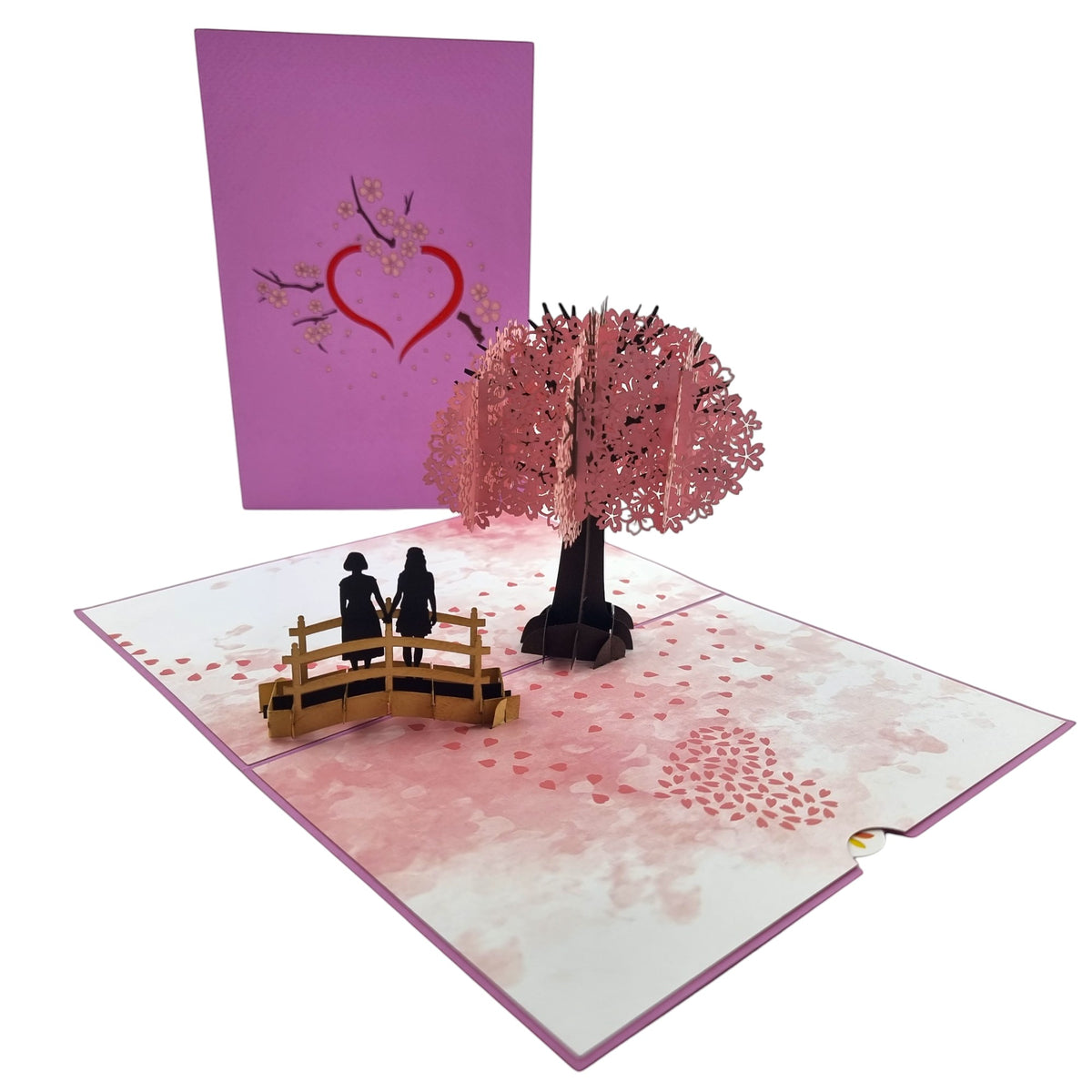 Color Pop Cards Cherry Blossom Love Scene Same Sex Female Pop-Up Card with couple on bridge