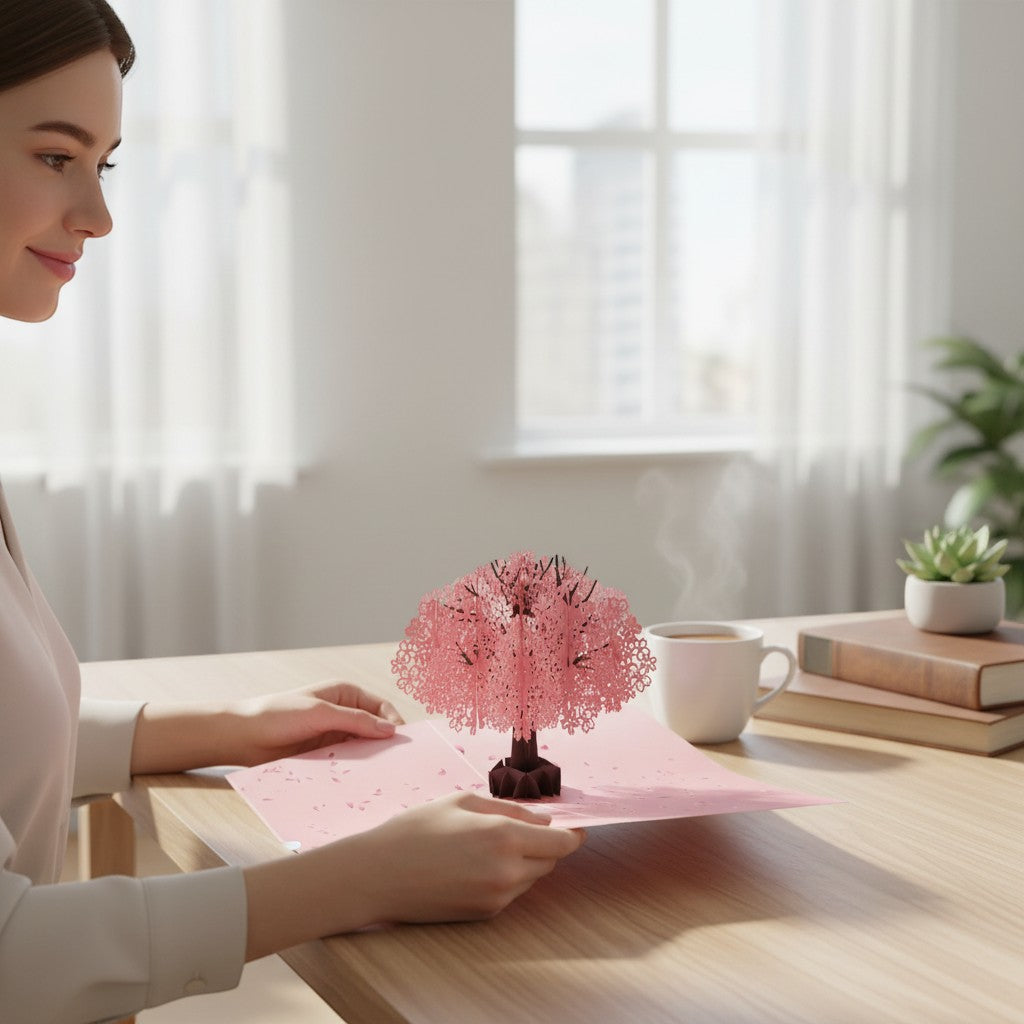 Color Pop Cards pink cherry blossom pop up card with intricate floral details, perfect for spring occasions.