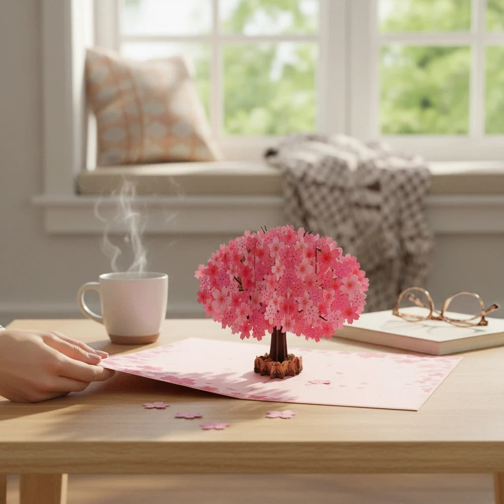 Color Pop Cards cherry blossom pop up greeting card with a pink tree in full bloom on a wooden table