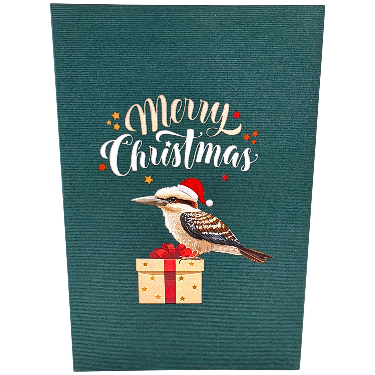 Color Pop Cards Christmas Kookaburra pop-up card featuring a bird in a Santa hat on a gift against a dark green cover