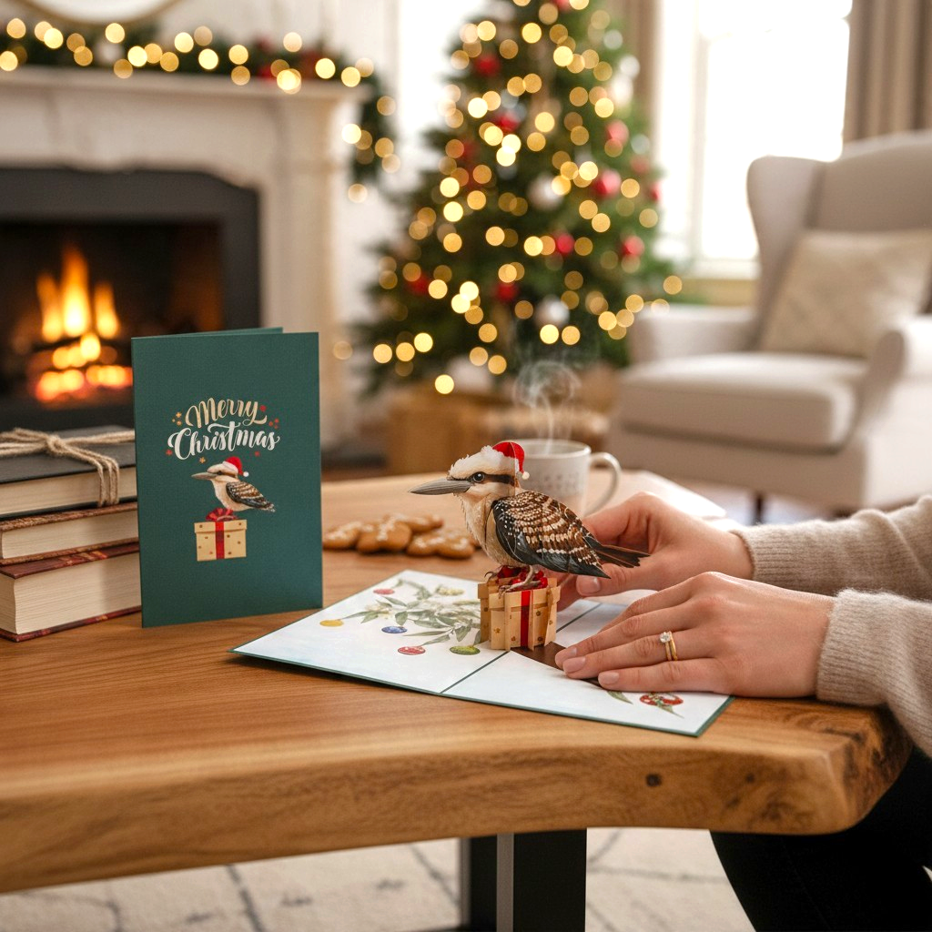 Color Pop Cards Christmas Kookaburra pop-up card featuring a bird in a Santa hat on a festive holiday table setting.