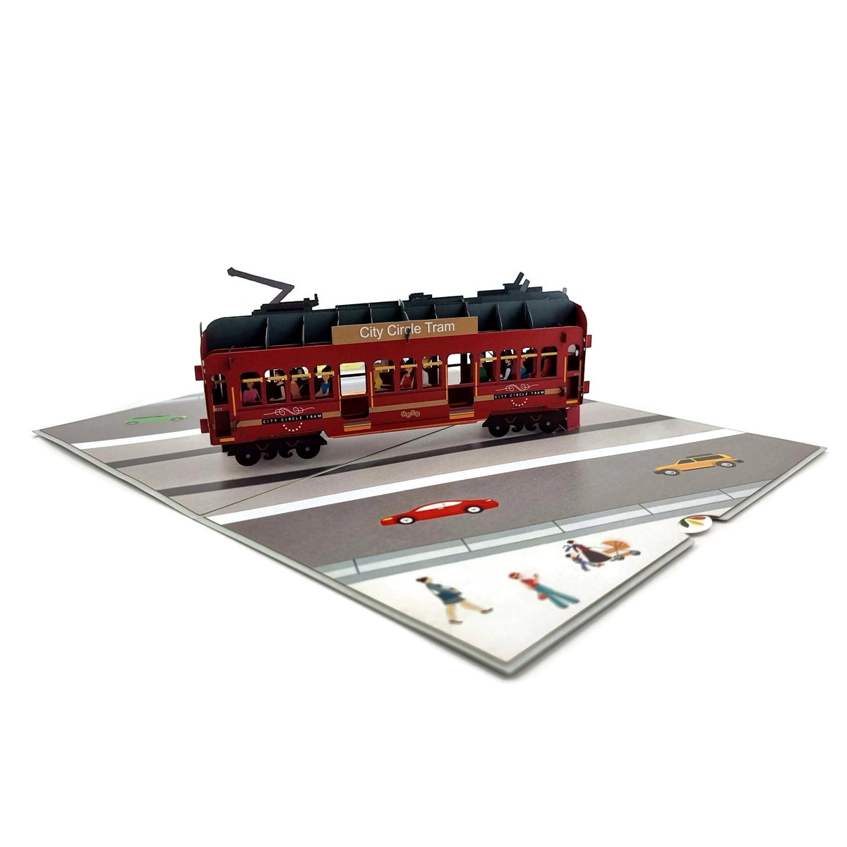 Color Pop Cards City Circle Tram pop-up card with 3D tram, passengers, cars, and street scene.